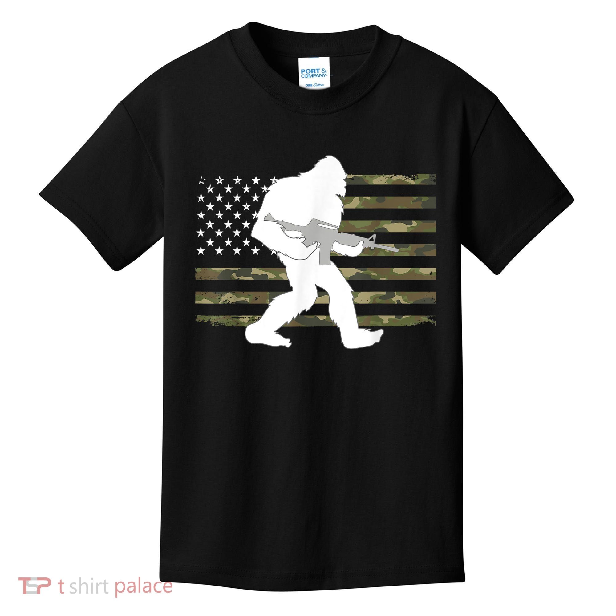 Bigfoot Gun Owner Camo Us American Flag Sasquatch Ar15 Rifle Kids T-Shirt