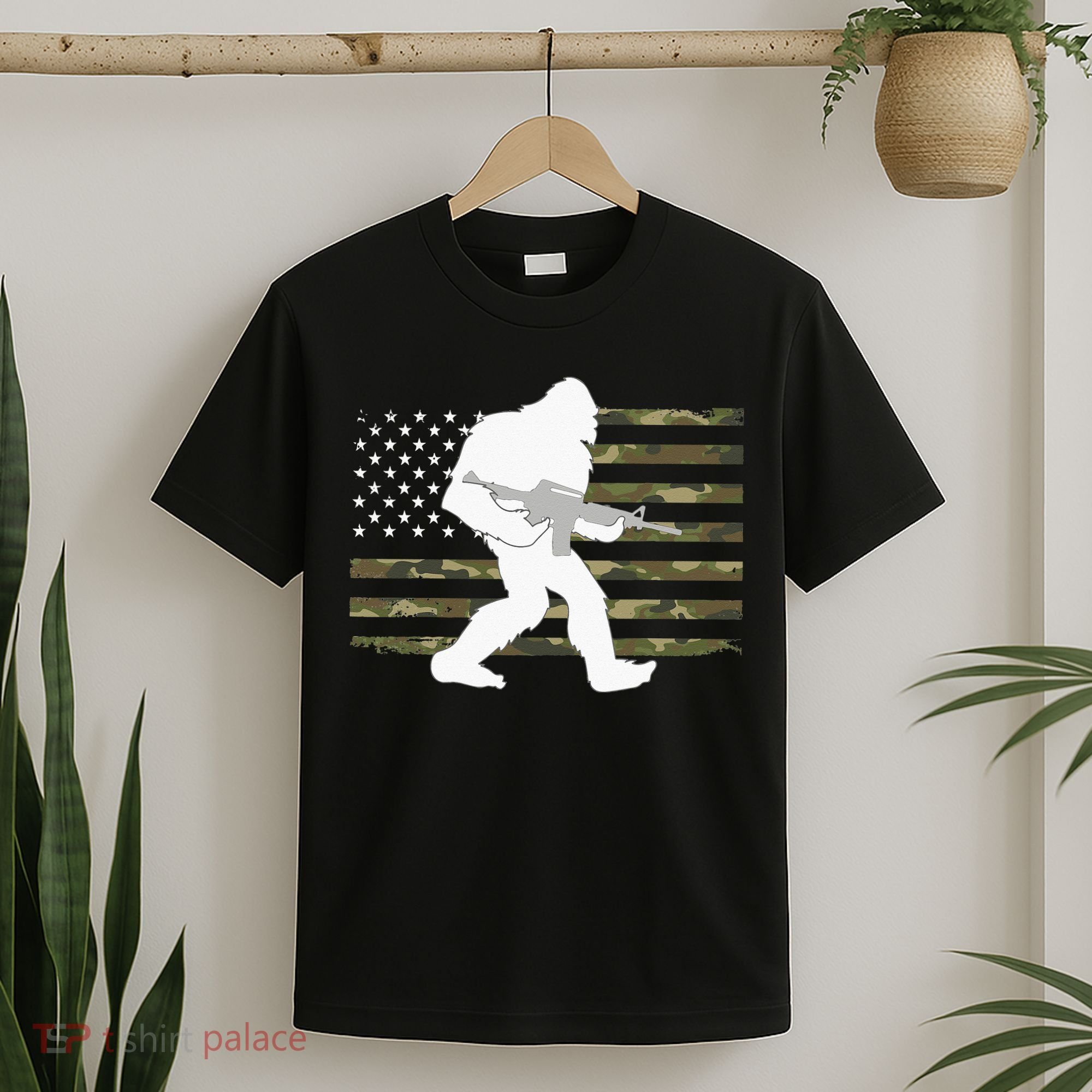 Bigfoot Gun Owner Camo US American Flag Sasquatch AR15 Rifle T-Shirt