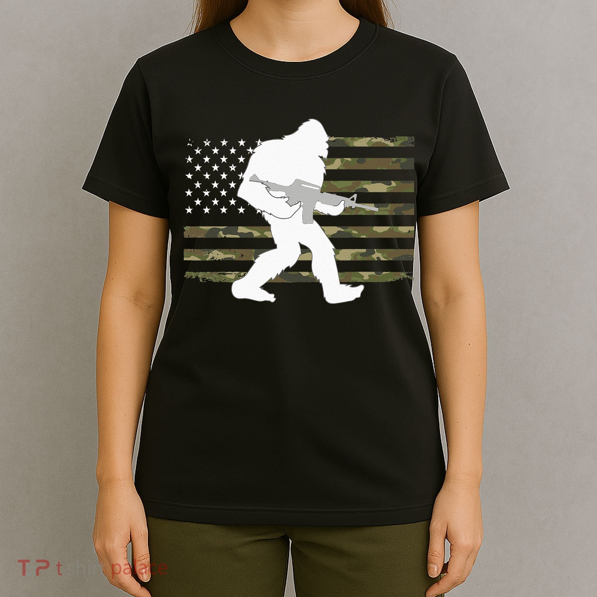 Bigfoot Gun Owner Camo US American Flag Sasquatch AR15 Rifle T-Shirt