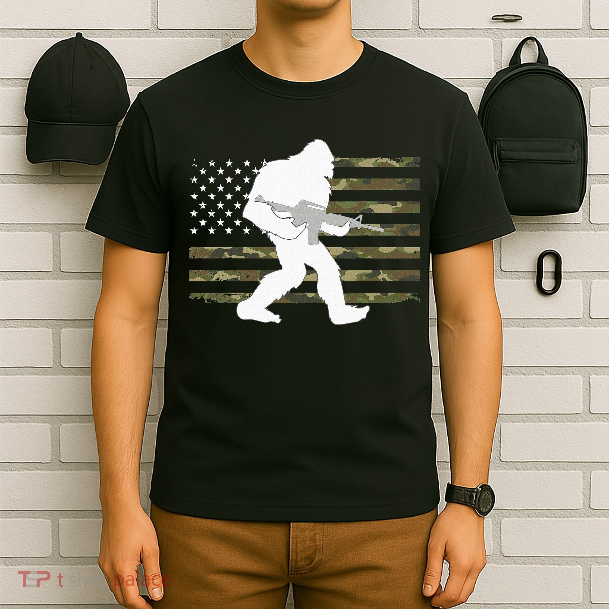 Bigfoot Gun Owner Camo US American Flag Sasquatch AR15 Rifle T-Shirt
