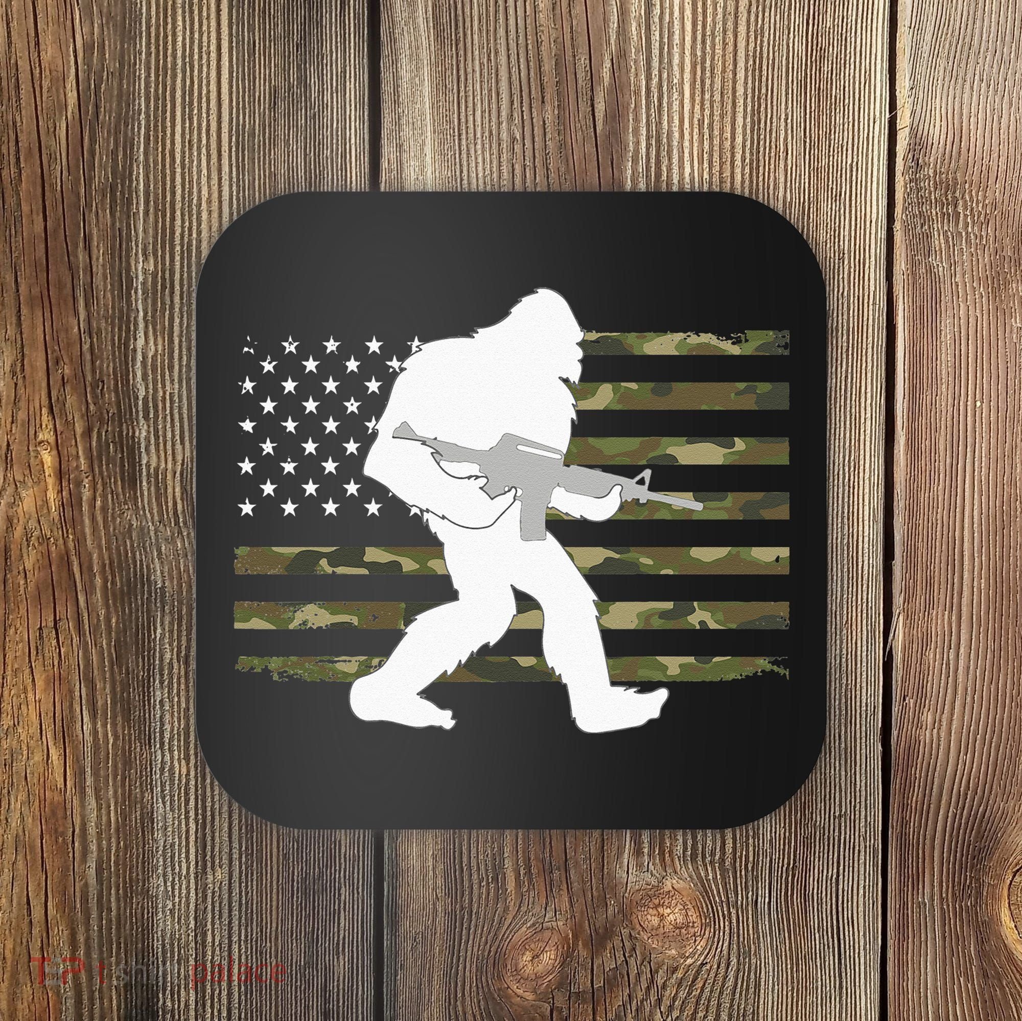 Bigfoot Gun Owner Camo US American Flag Sasquatch AR15 Rifle Coaster