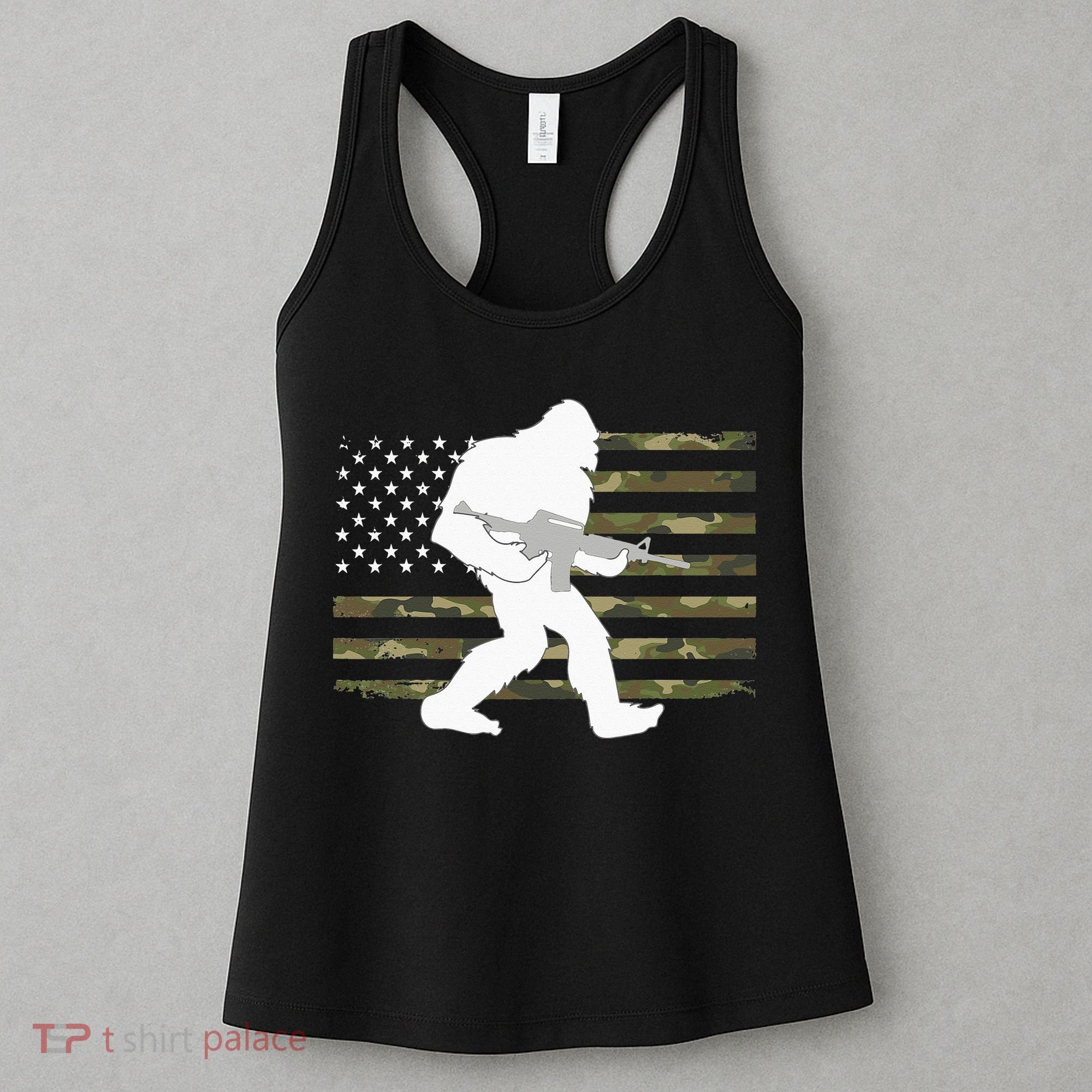 Bigfoot Gun Owner Camo US American Flag Sasquatch AR15 Rifle Women's Tank Top