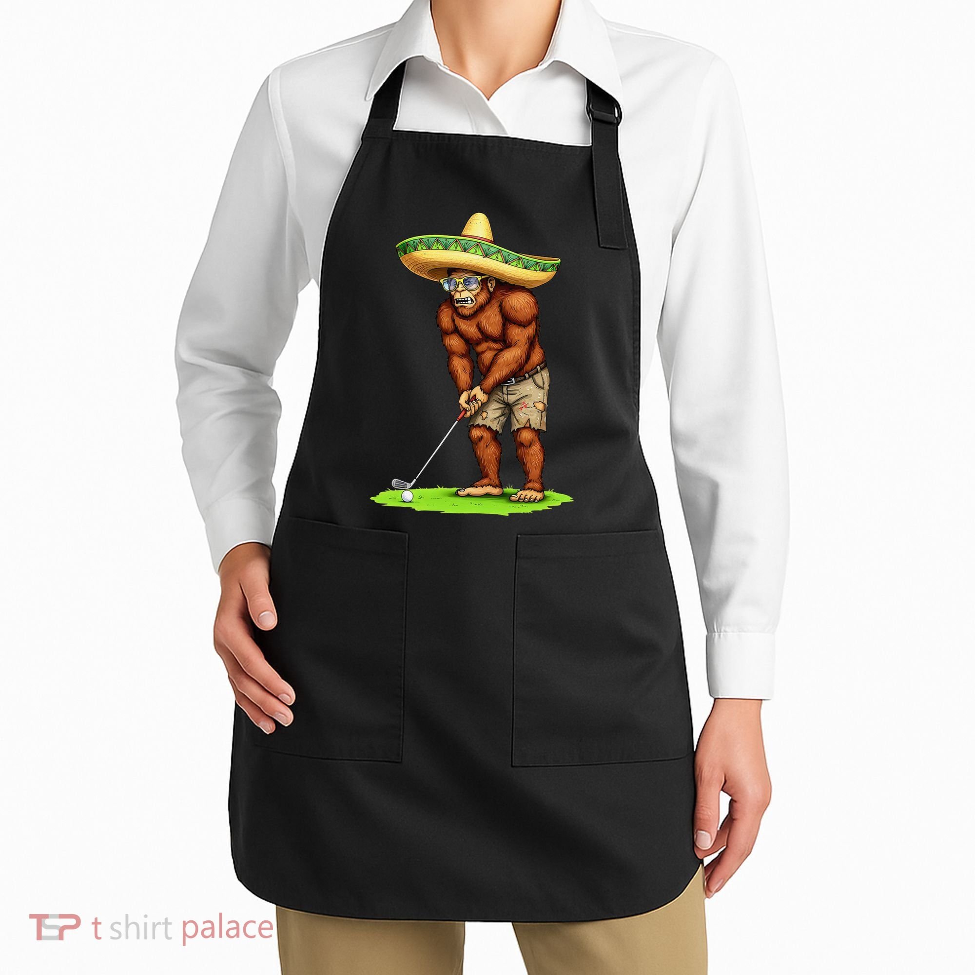 Bigfoot Golf Player Cinco De Mayo Mexican Golfer Food Apron