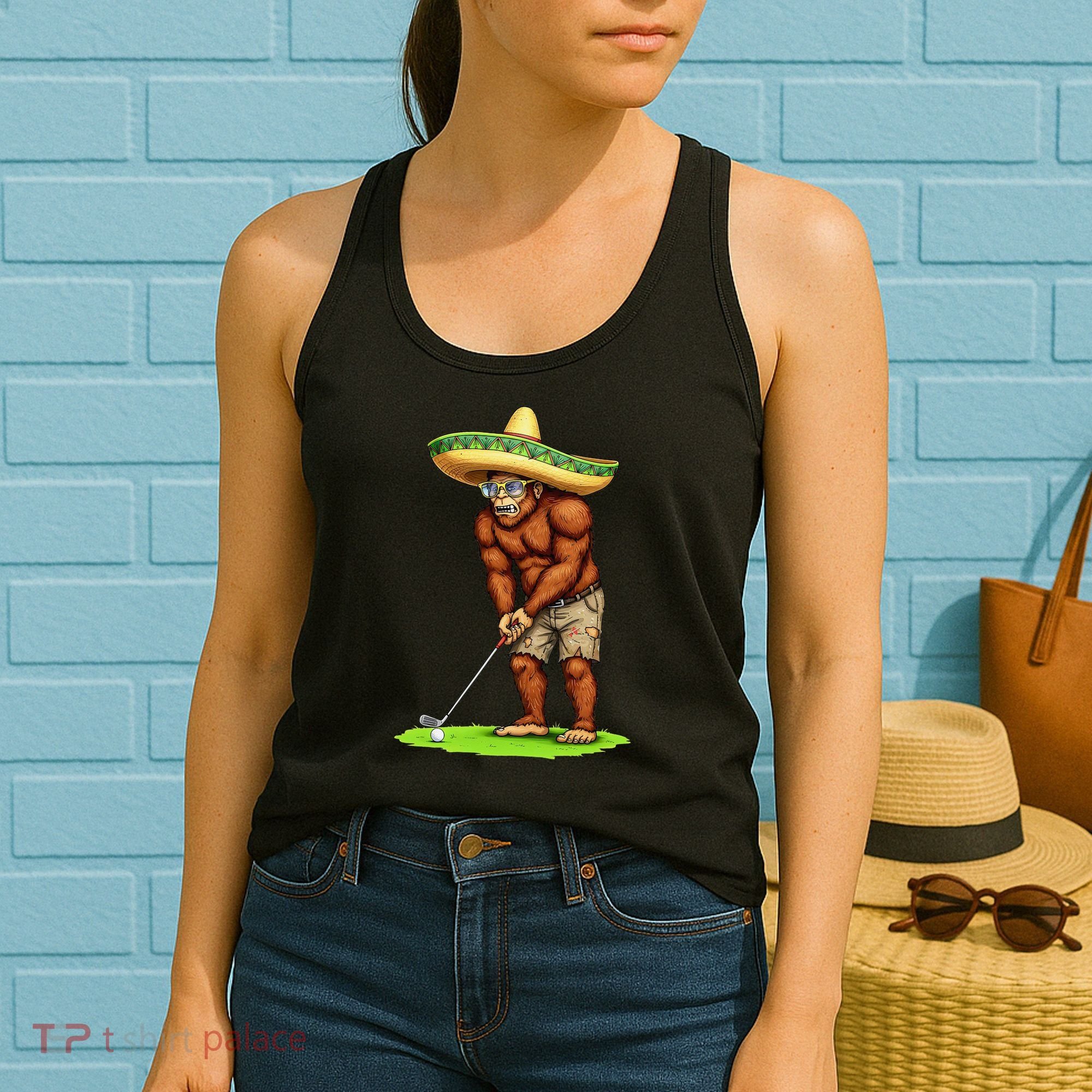 Bigfoot Golf Player Cinco De Mayo Mexican Golfer Food Women's Tank Top