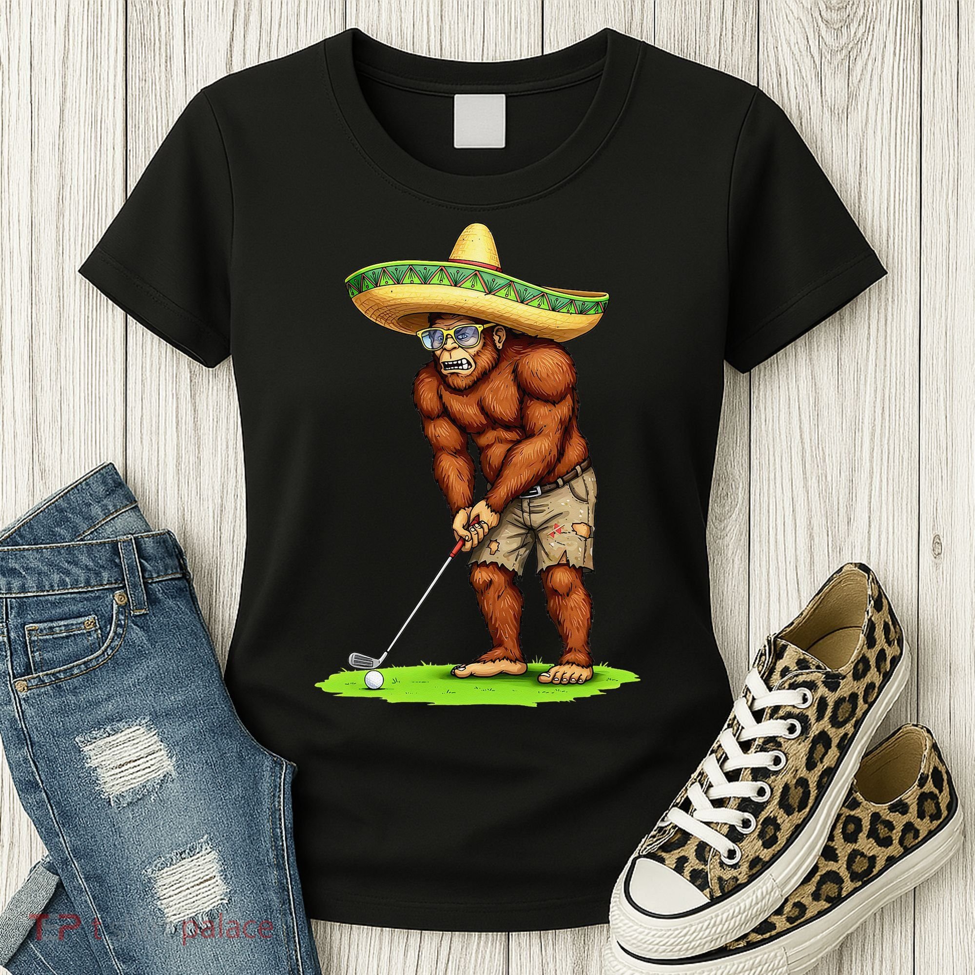 Bigfoot Golf Player Cinco De Mayo Mexican Golfer Food Women's T-Shirt