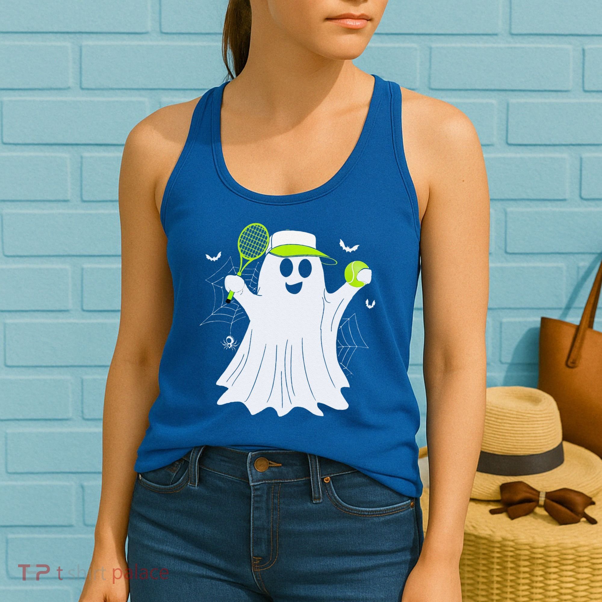 Boo Ghost Playing Tennis Funny Halloween Tennis Costume Women's Tank Top
