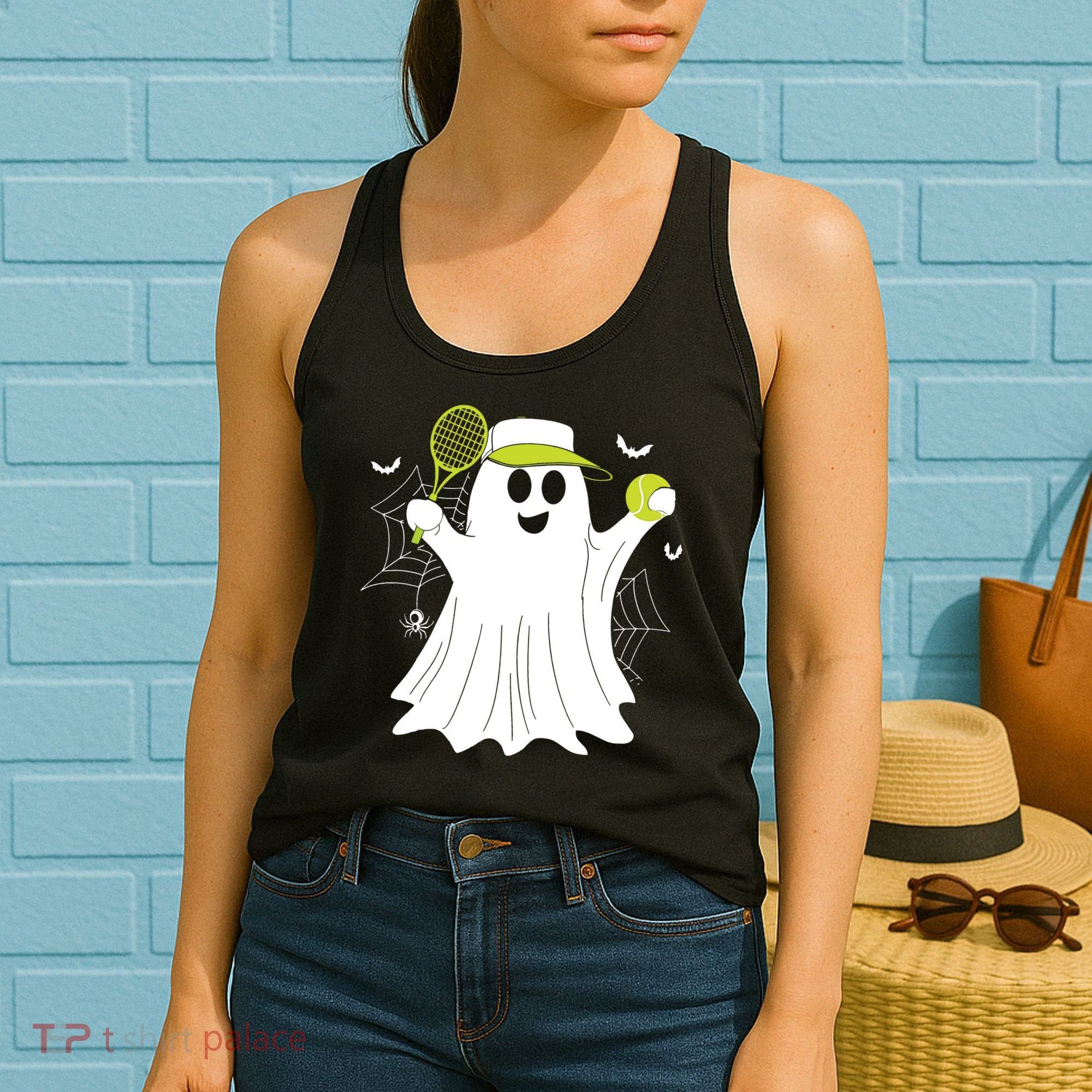 Boo Ghost Playing Tennis Funny Halloween Tennis Costume Women's Tank Top