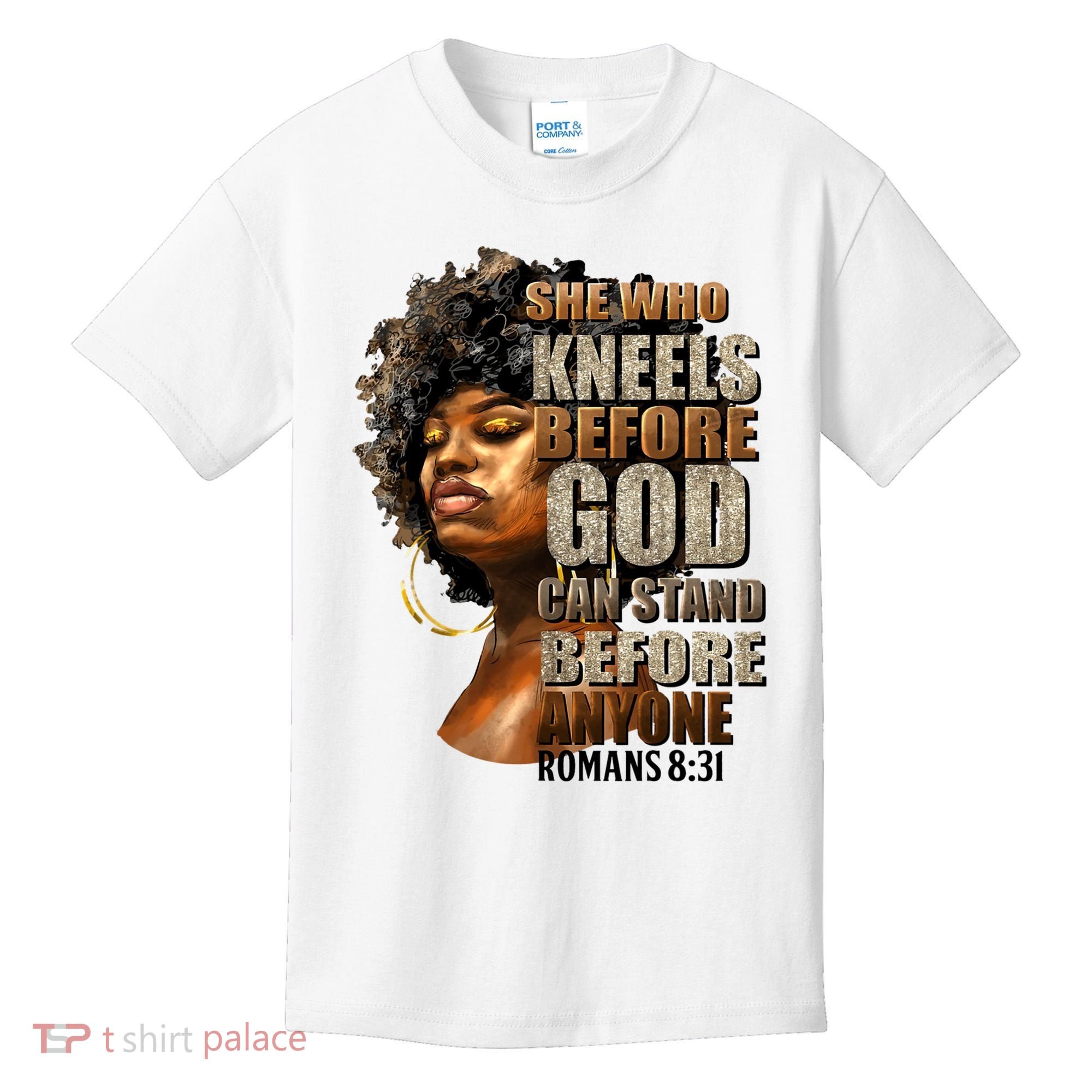 Black Girl She Who Kneels Before God Christian Afro Kids T-Shirt