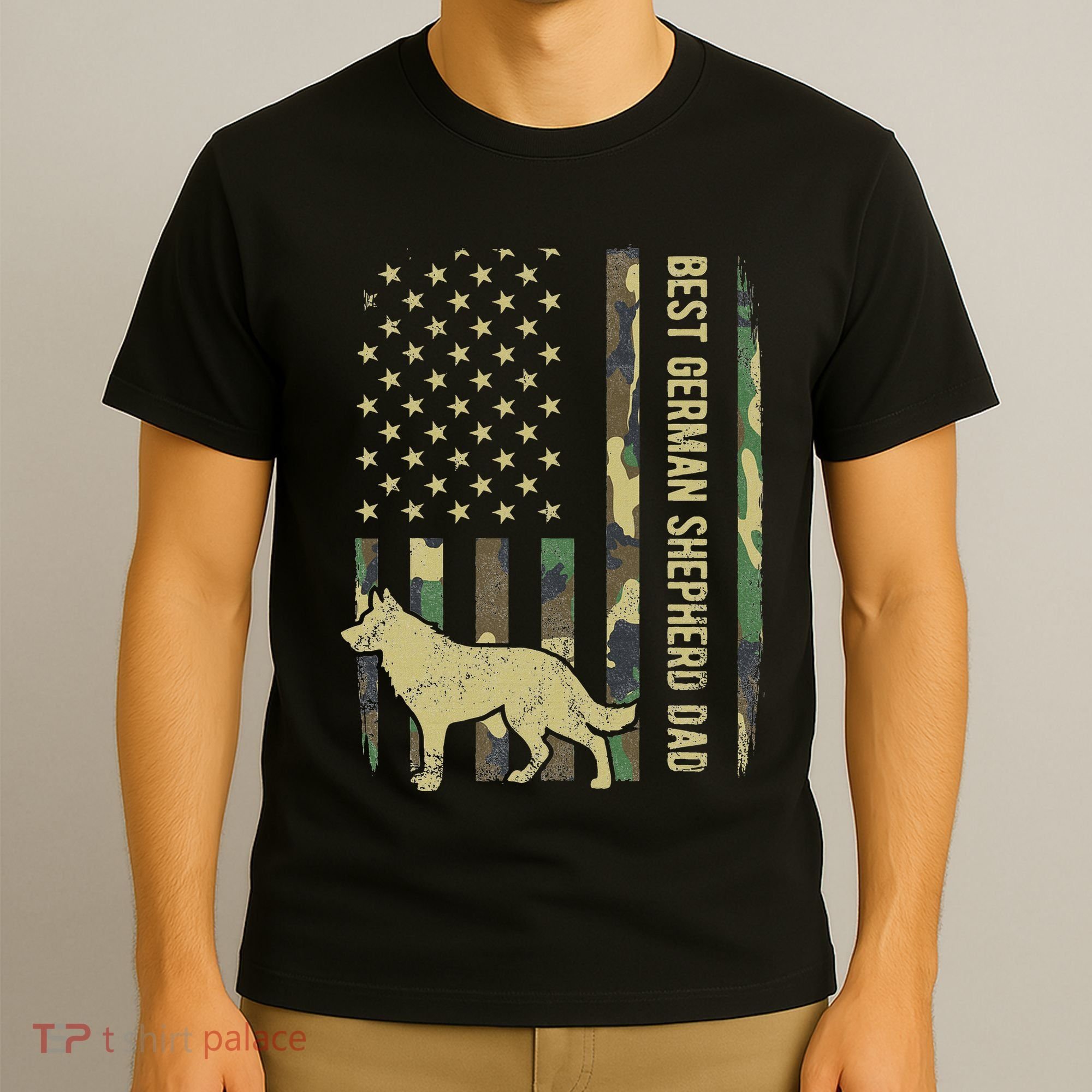 Best German Shepherd Dog Dad Camouflage American Flag T-Shirt