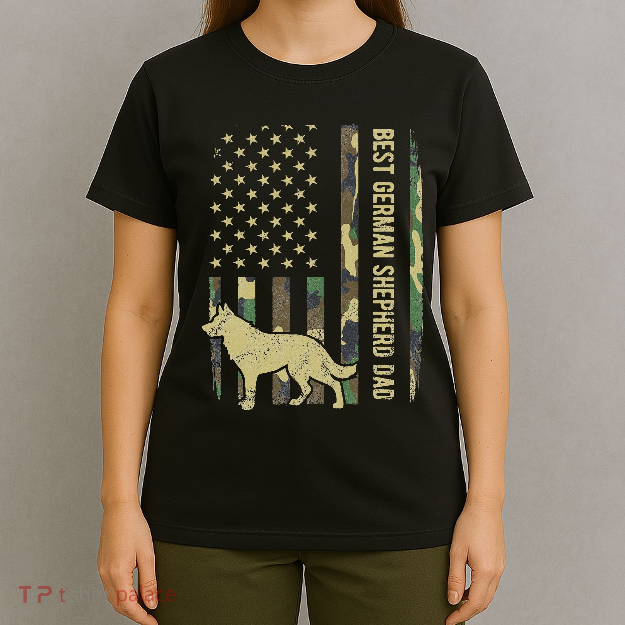 Best German Shepherd Dog Dad Camouflage American Flag T-Shirt