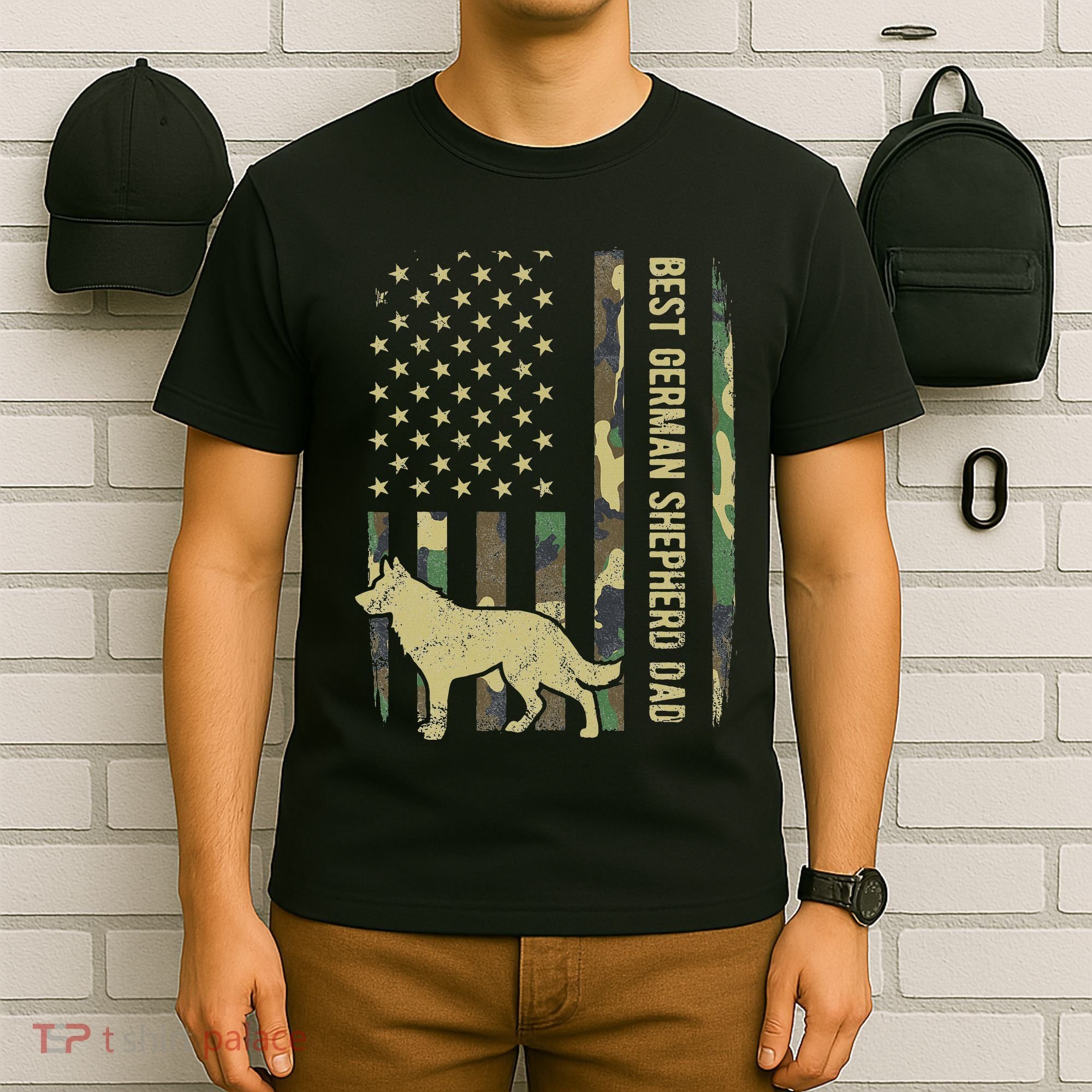 Best German Shepherd Dog Dad Camouflage American Flag T-Shirt