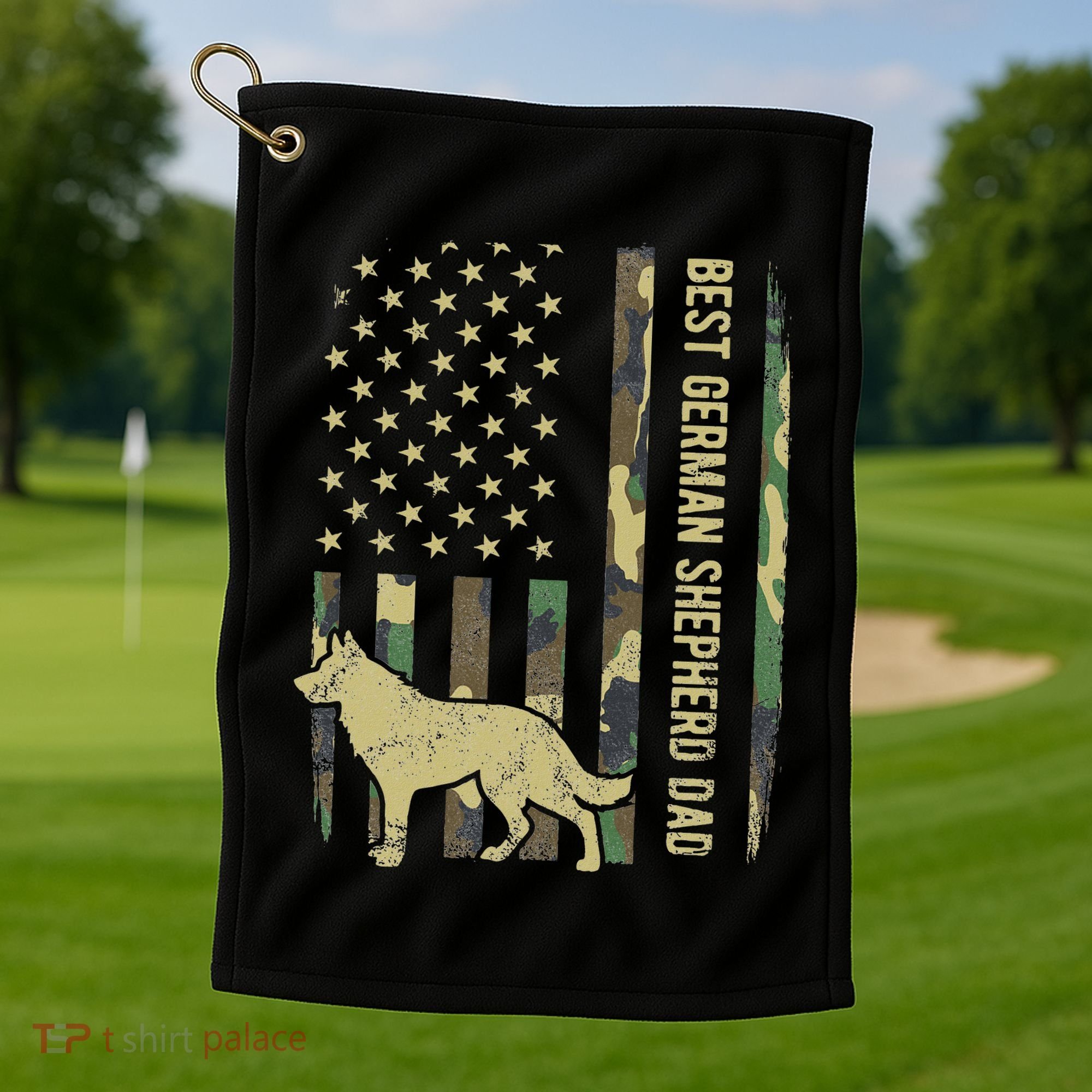 Best German Shepherd Dog Dad Camouflage American Flag Golf Towel