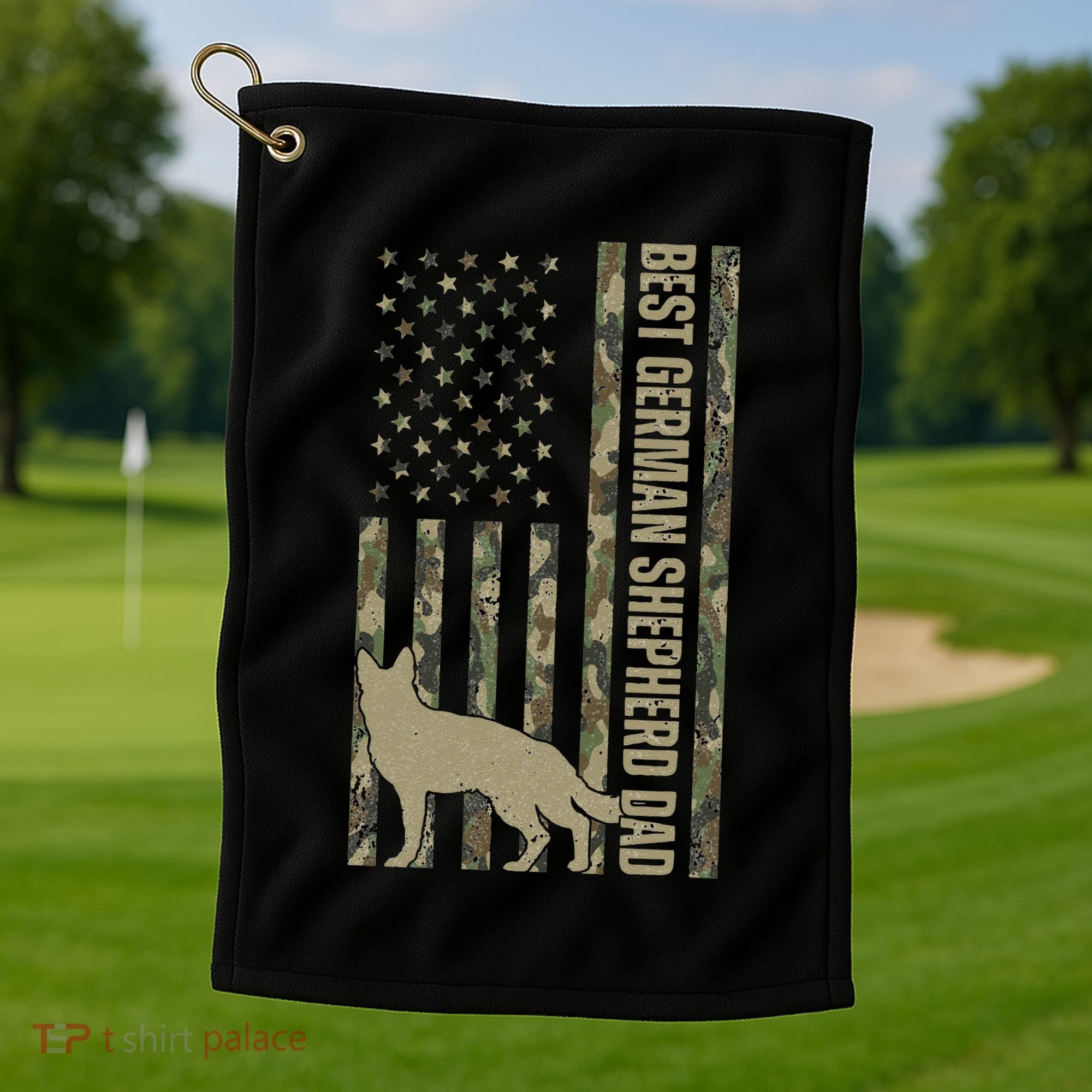 Best German Shepherd Dog Dad Camouflage American Flag Golf Towel