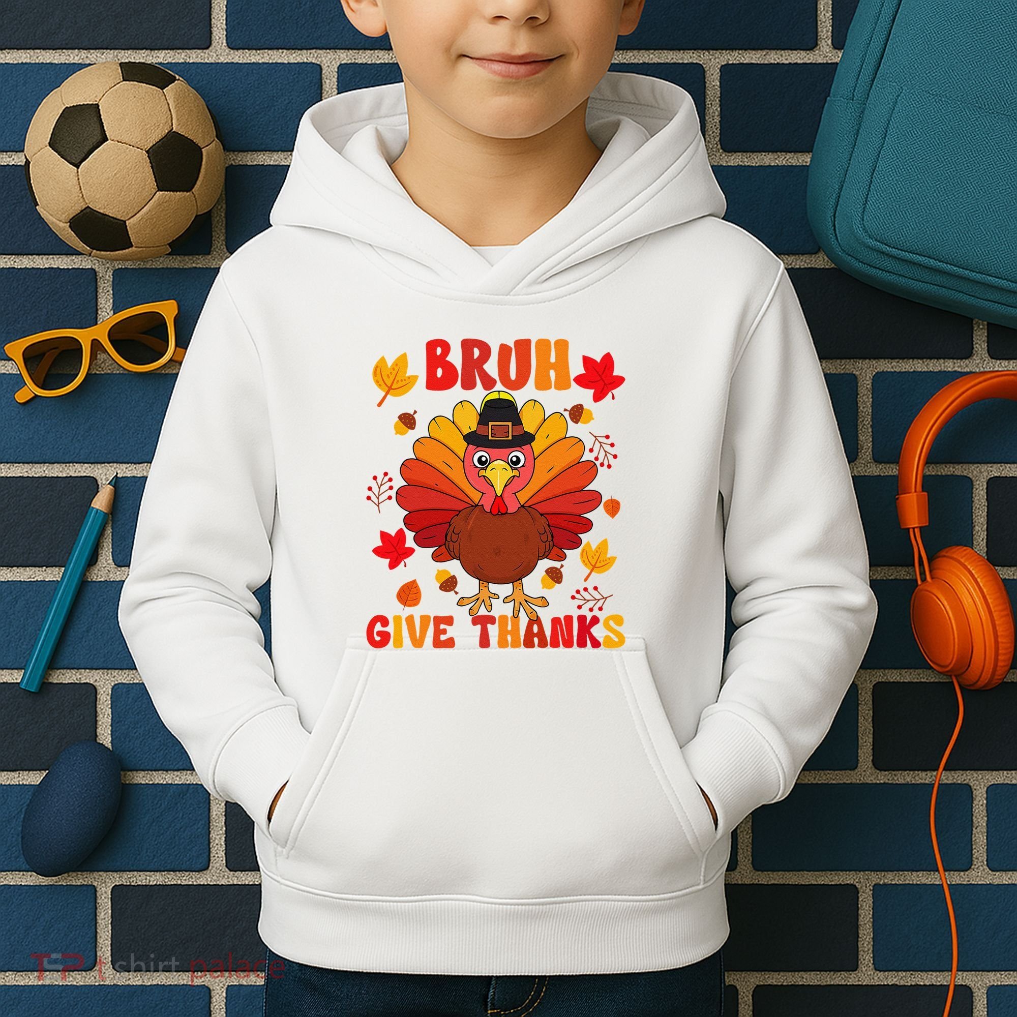 Bruh Give Thanks Cute Thanksgiving Turkey Thankful Kids Hoodie