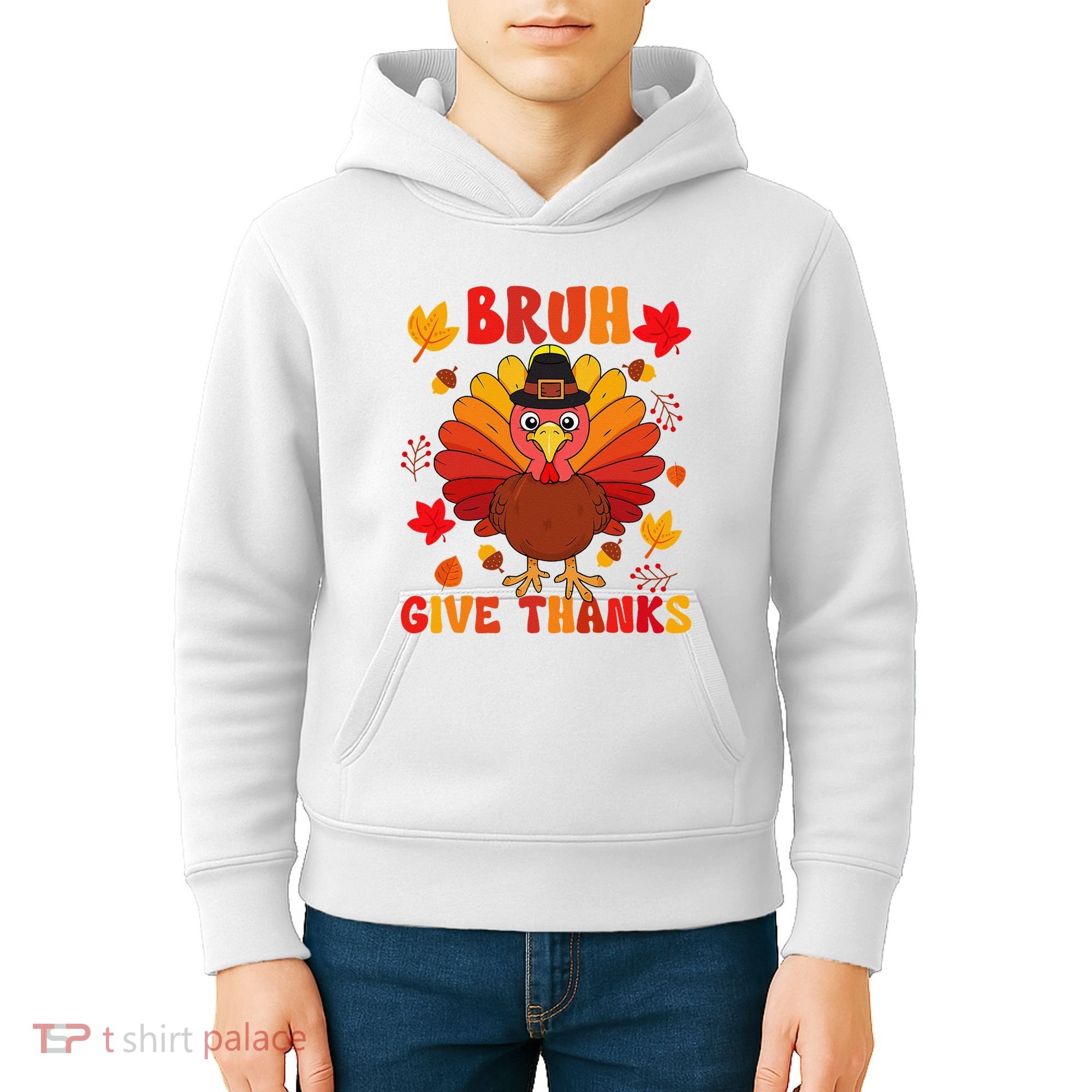 Bruh Give Thanks Cute Thanksgiving Turkey Thankful Kids Hoodie