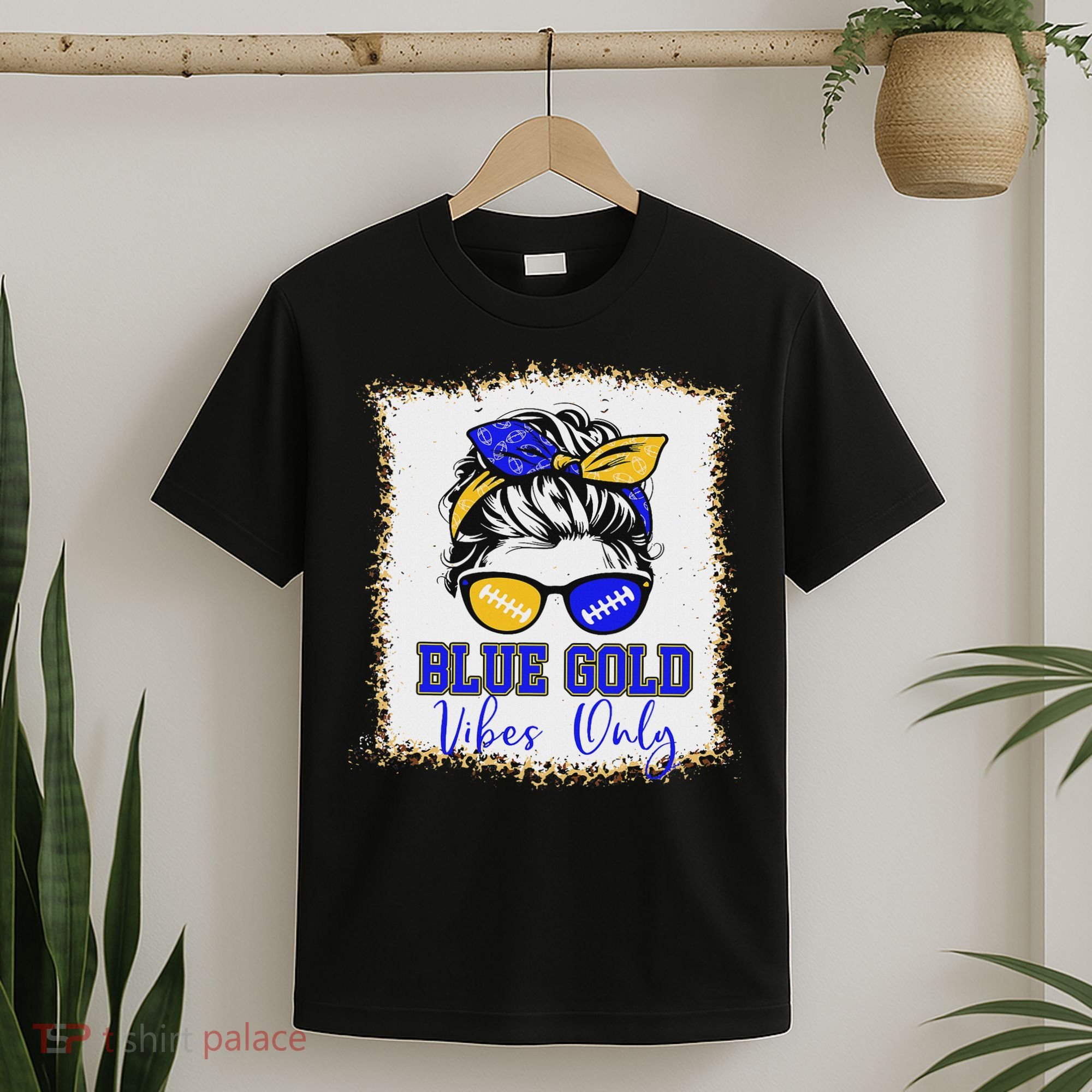 Blue Gold Vibes Only Football Women Leopard Football T-Shirt