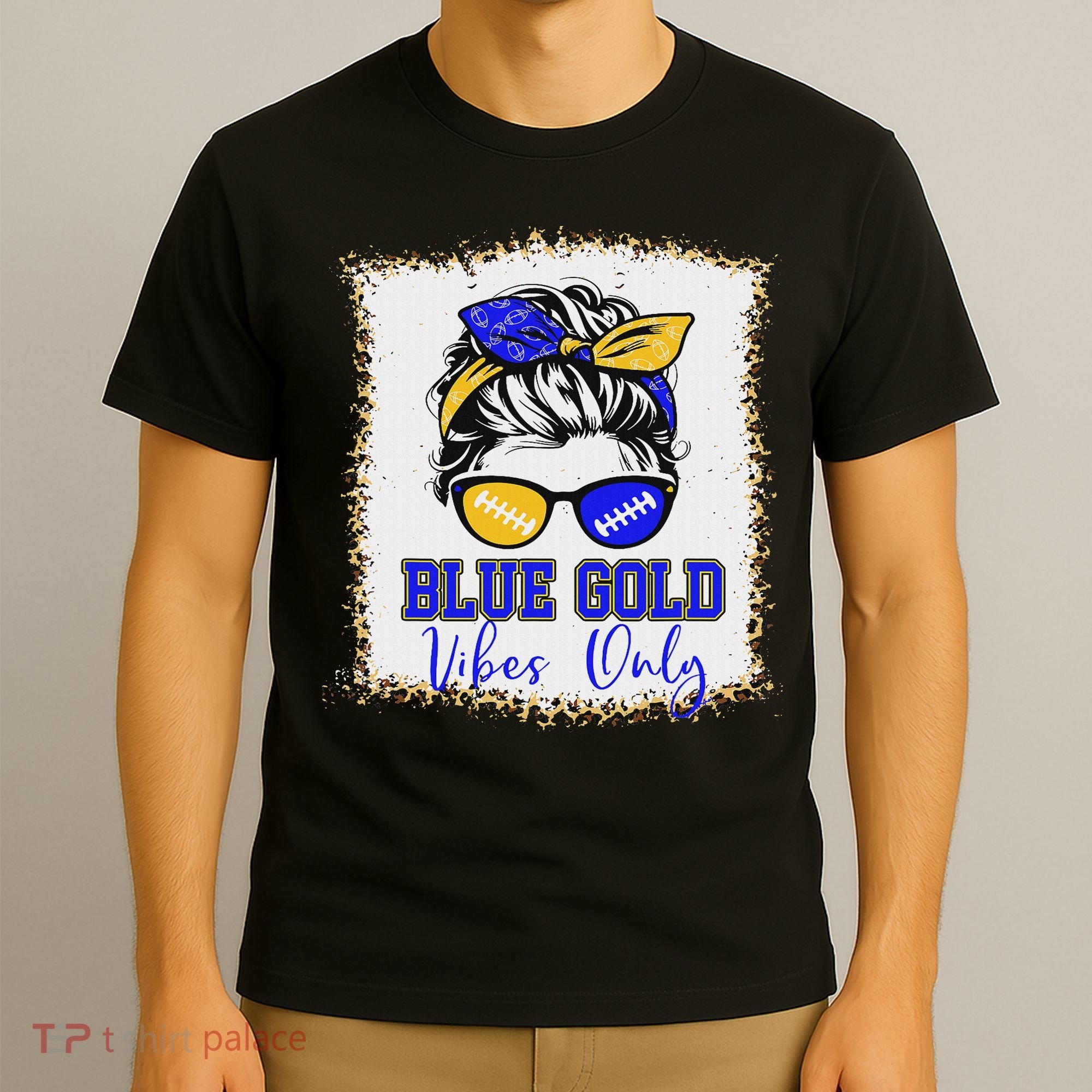 Blue Gold Vibes Only Football Women Leopard Football T-Shirt