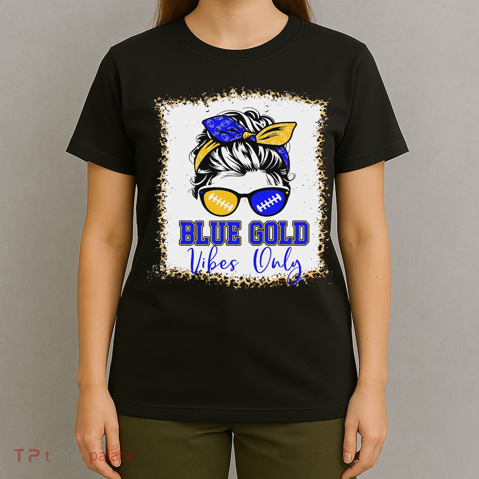 Blue Gold Vibes Only Football Women Leopard Football T-Shirt