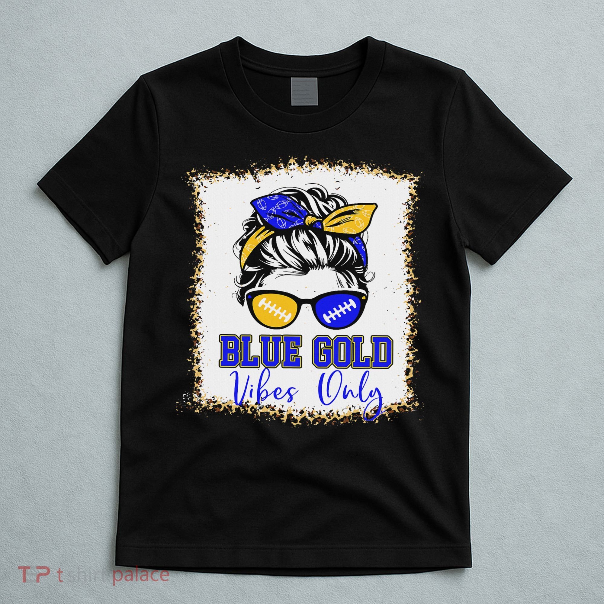 Blue Gold Vibes Only Football Women Leopard Football T-Shirt