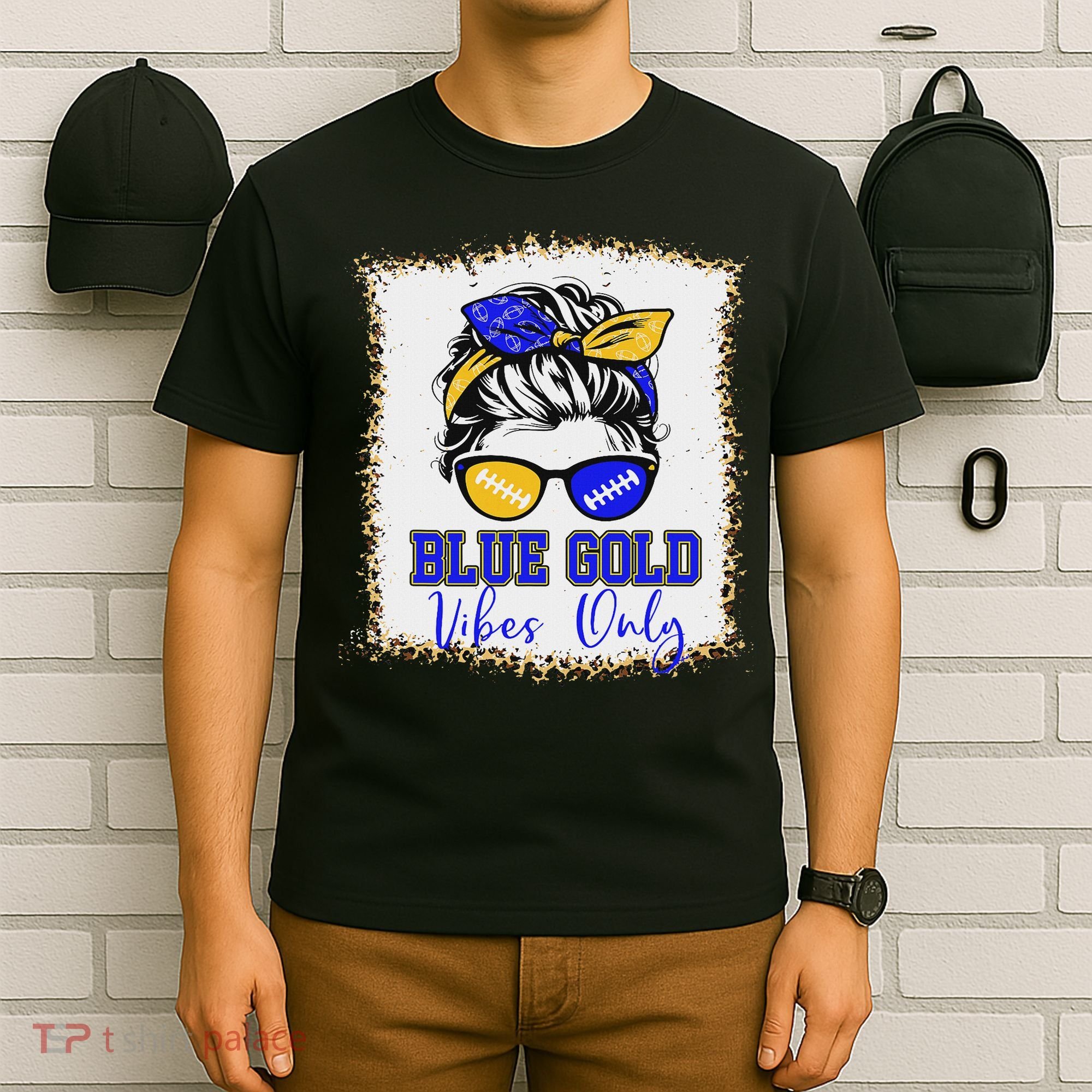 Blue Gold Vibes Only Football Women Leopard Football T-Shirt