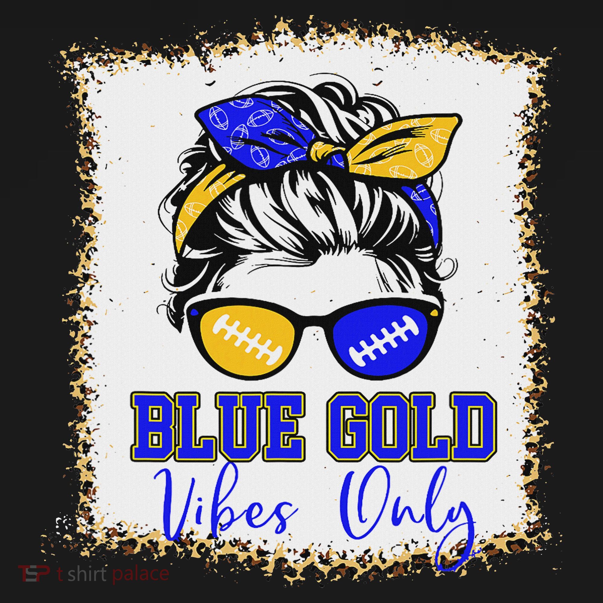 Blue Gold Vibes Only Football Women Leopard Football T-Shirt