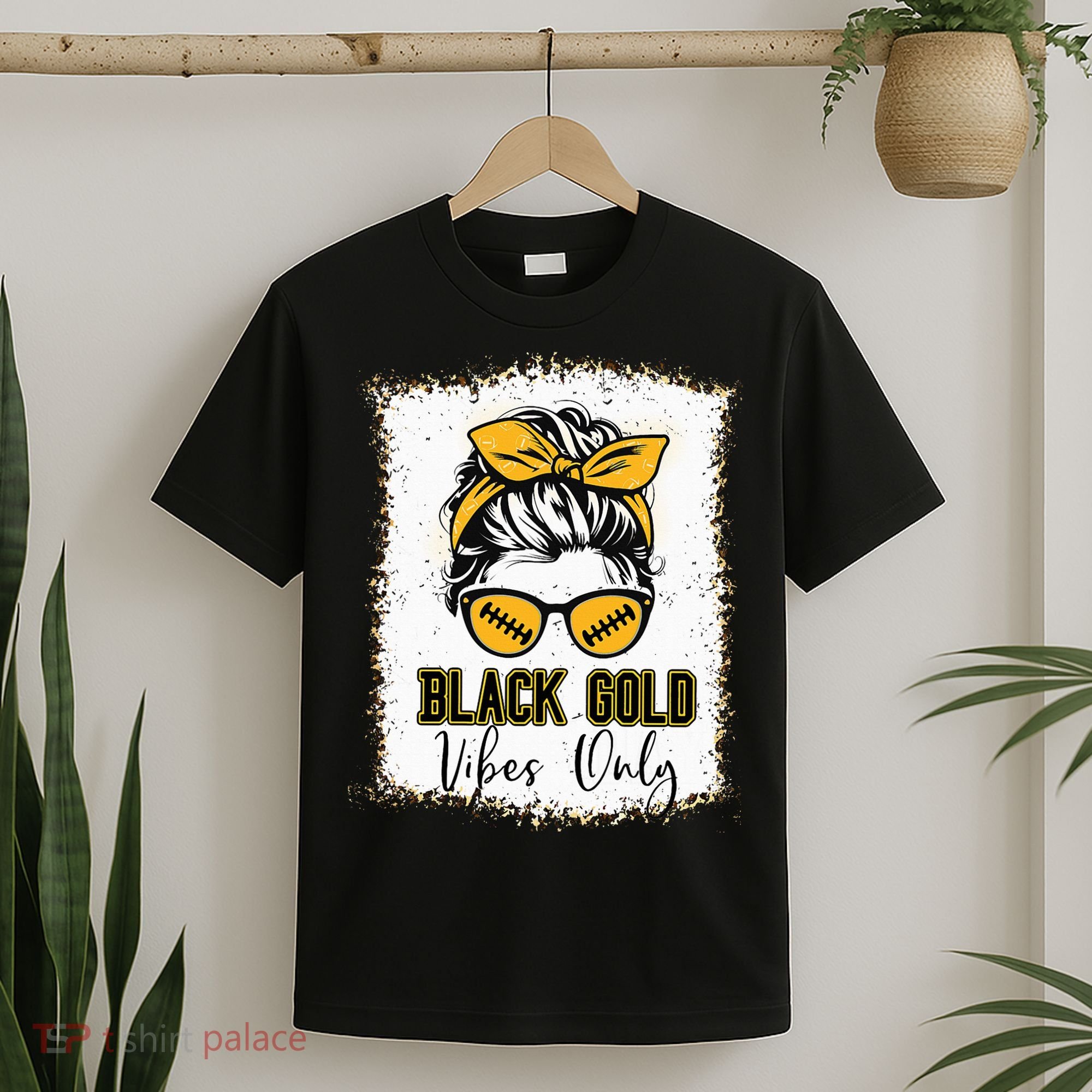 Black Gold Vibes Only Football Women Leopard Football T-Shirt