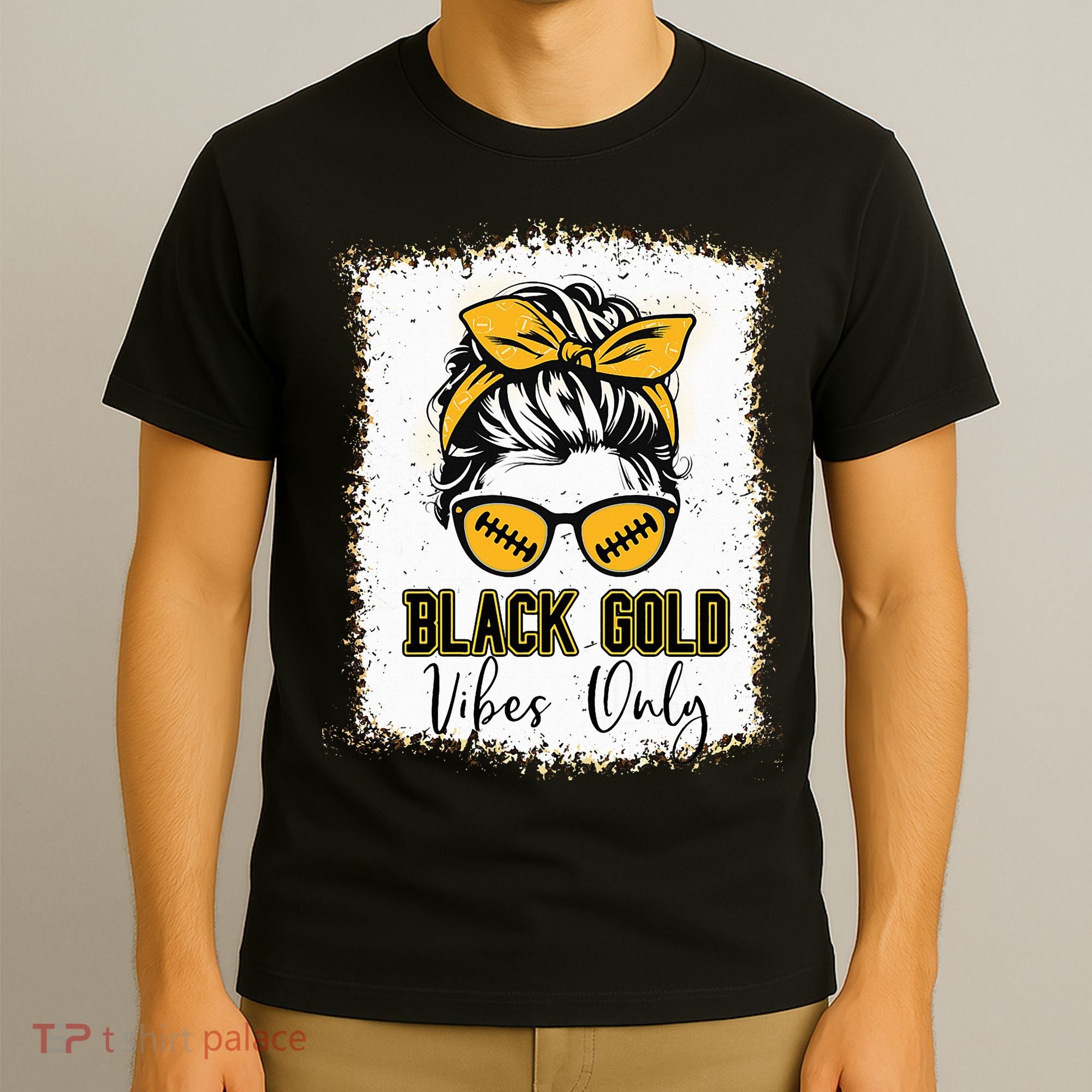 Black Gold Vibes Only Football Women Leopard Football T-Shirt