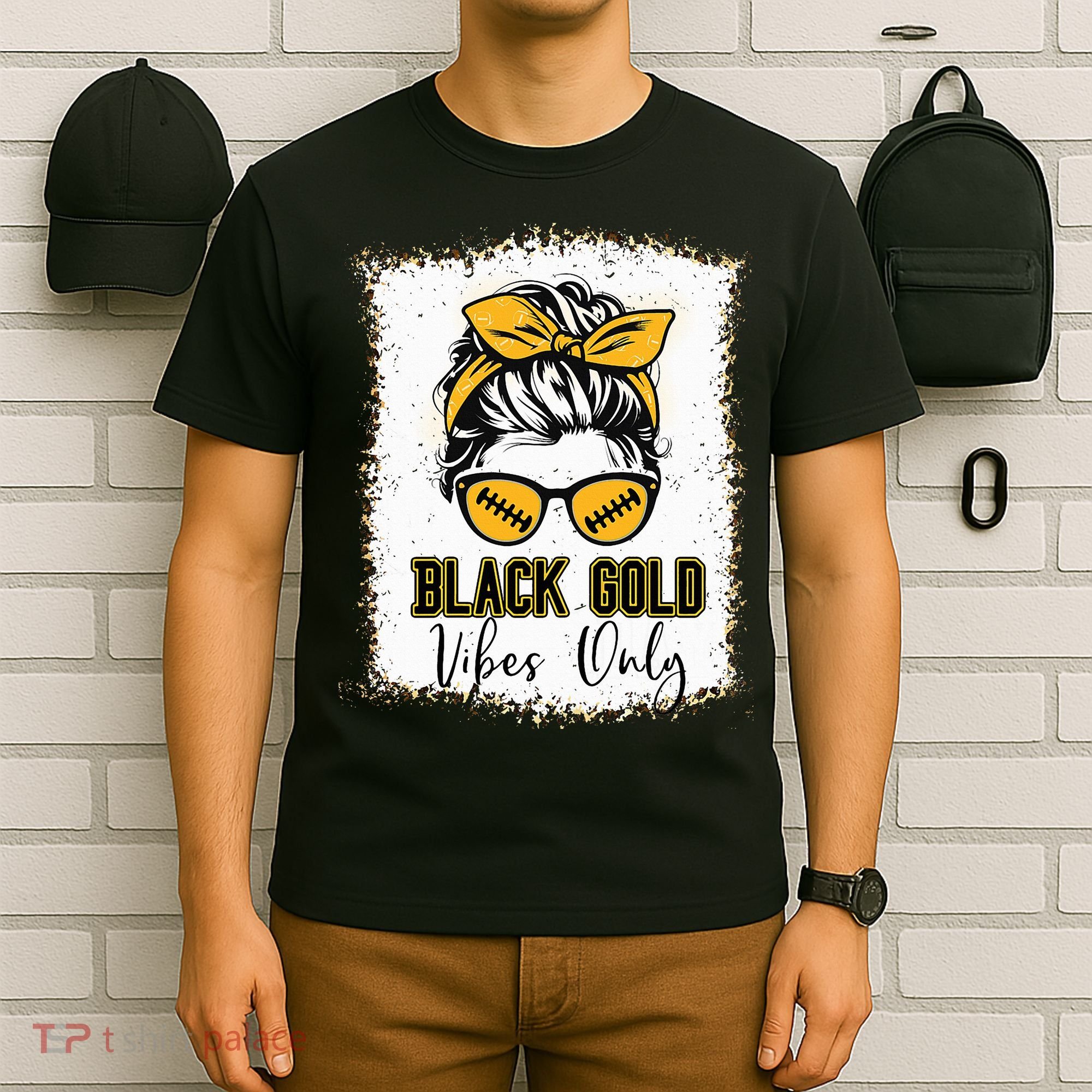 Black Gold Vibes Only Football Women Leopard Football T-Shirt