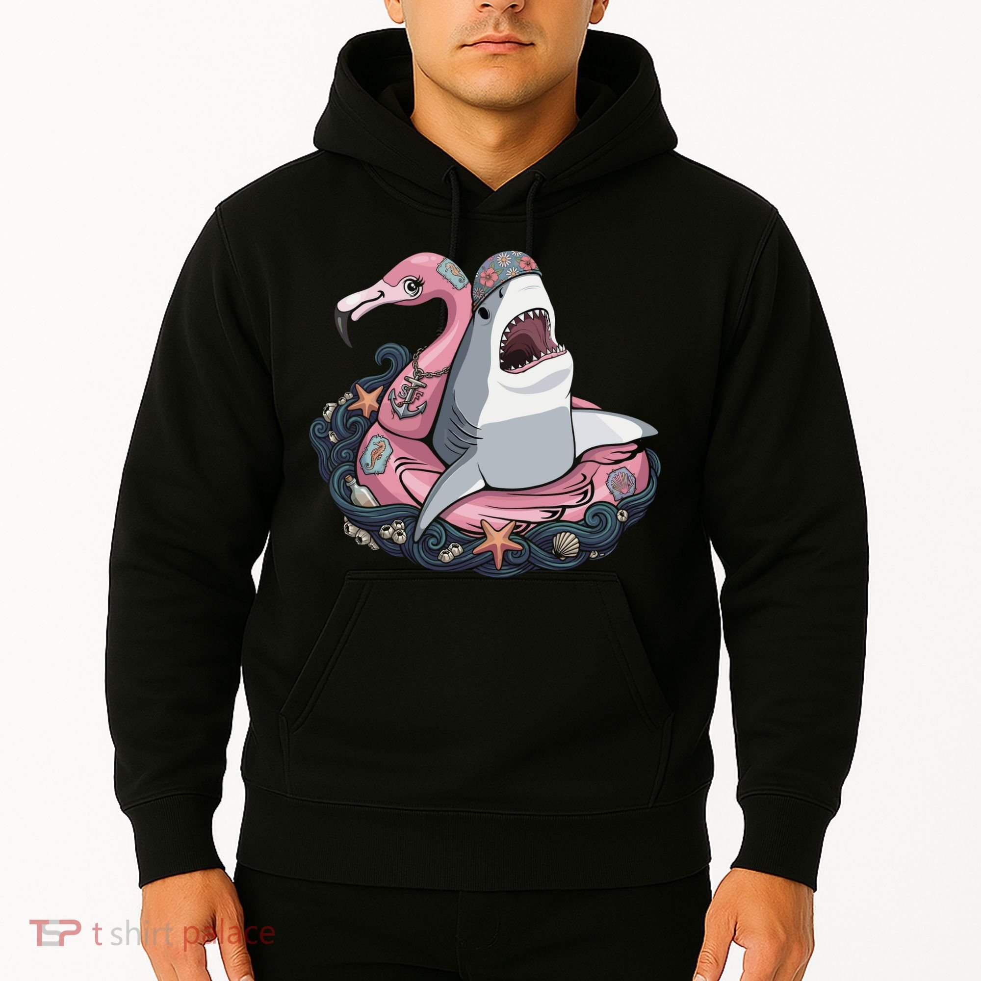 Beach Gone Wild Flamingo Shark Hoodie