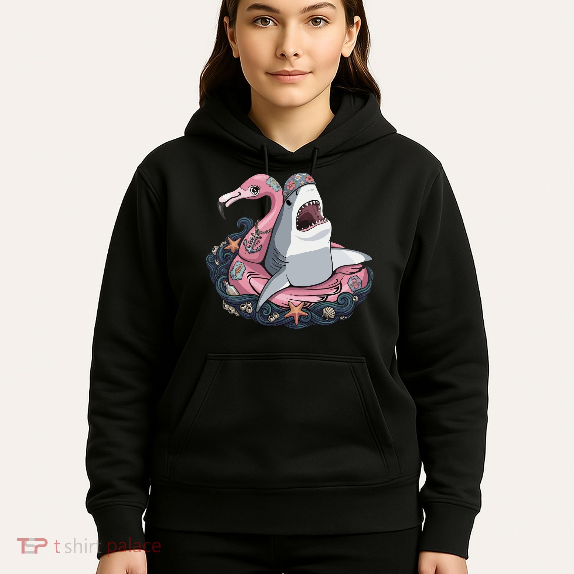 Beach Gone Wild Flamingo Shark Hoodie