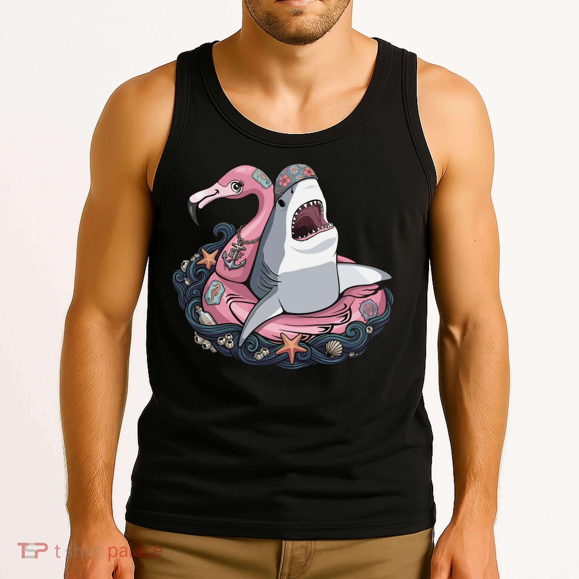 Beach Gone Wild Flamingo Shark Tank Top