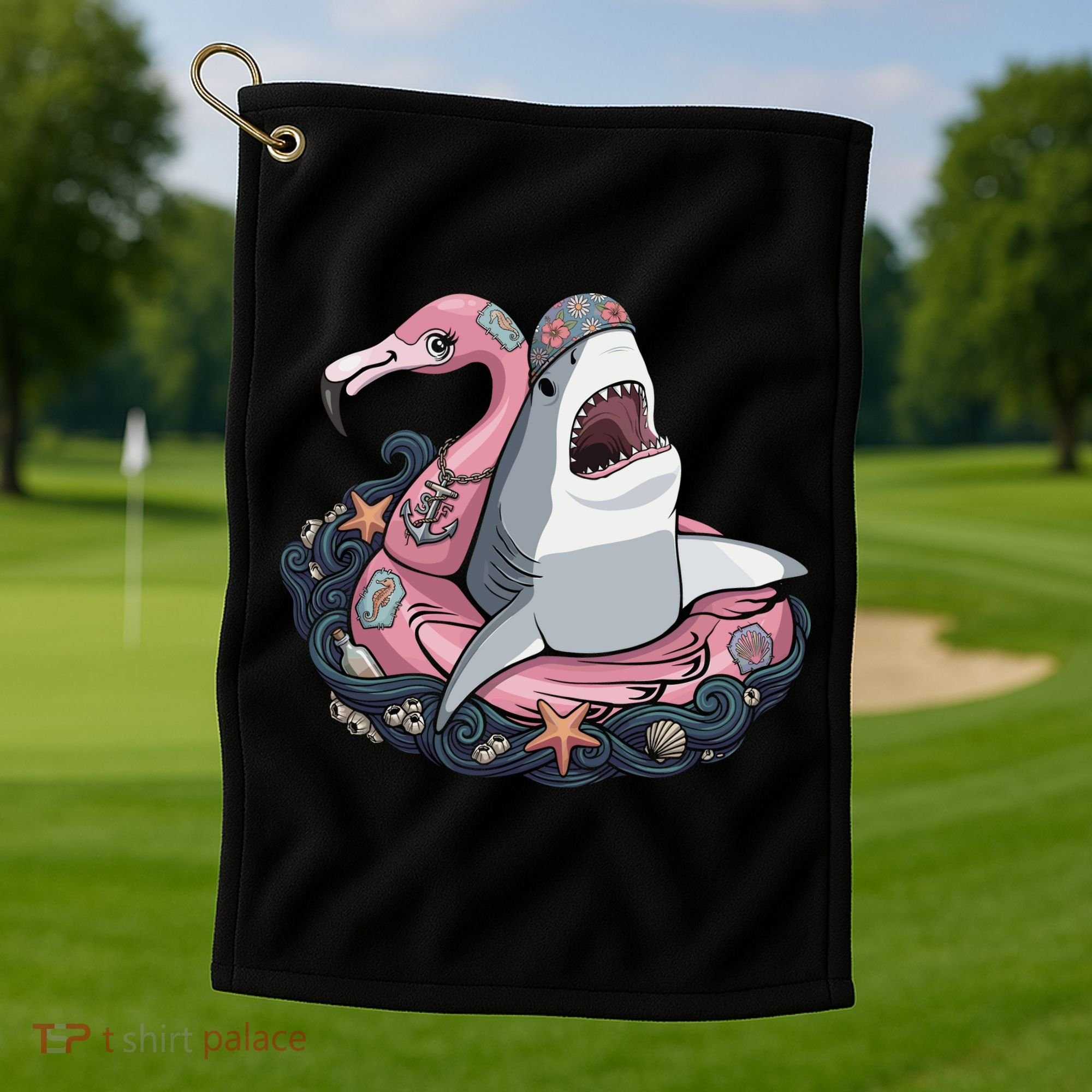 Beach Gone Wild Flamingo Shark Golf Towel