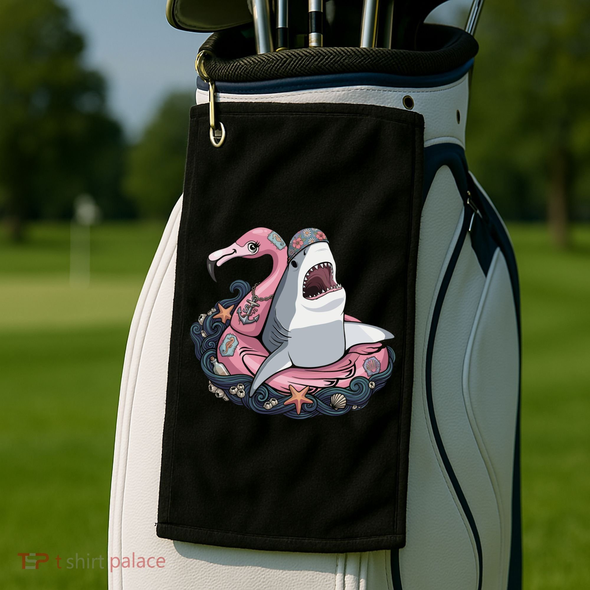 Beach Gone Wild Flamingo Shark Golf Towel