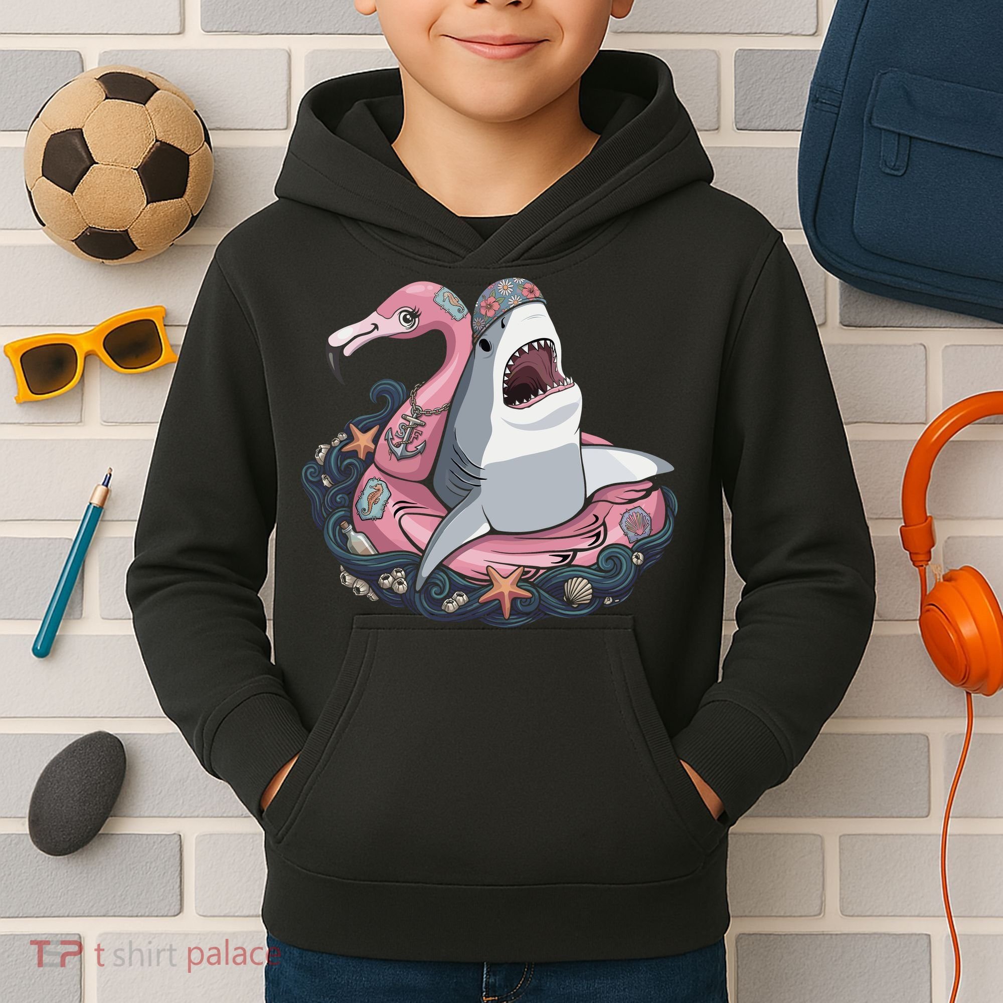 Beach Gone Wild Flamingo Shark Kids Hoodie