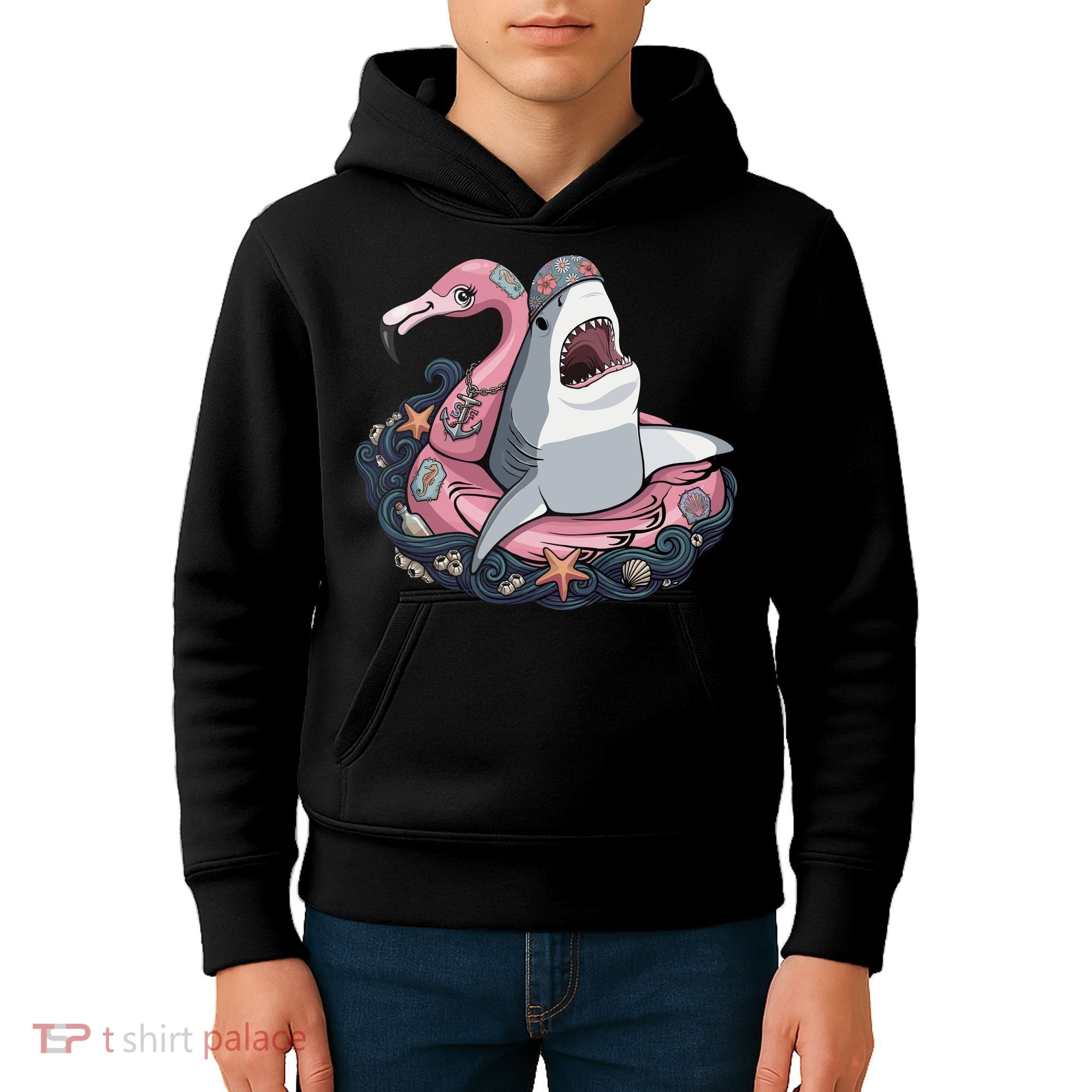 Beach Gone Wild Flamingo Shark Kids Hoodie