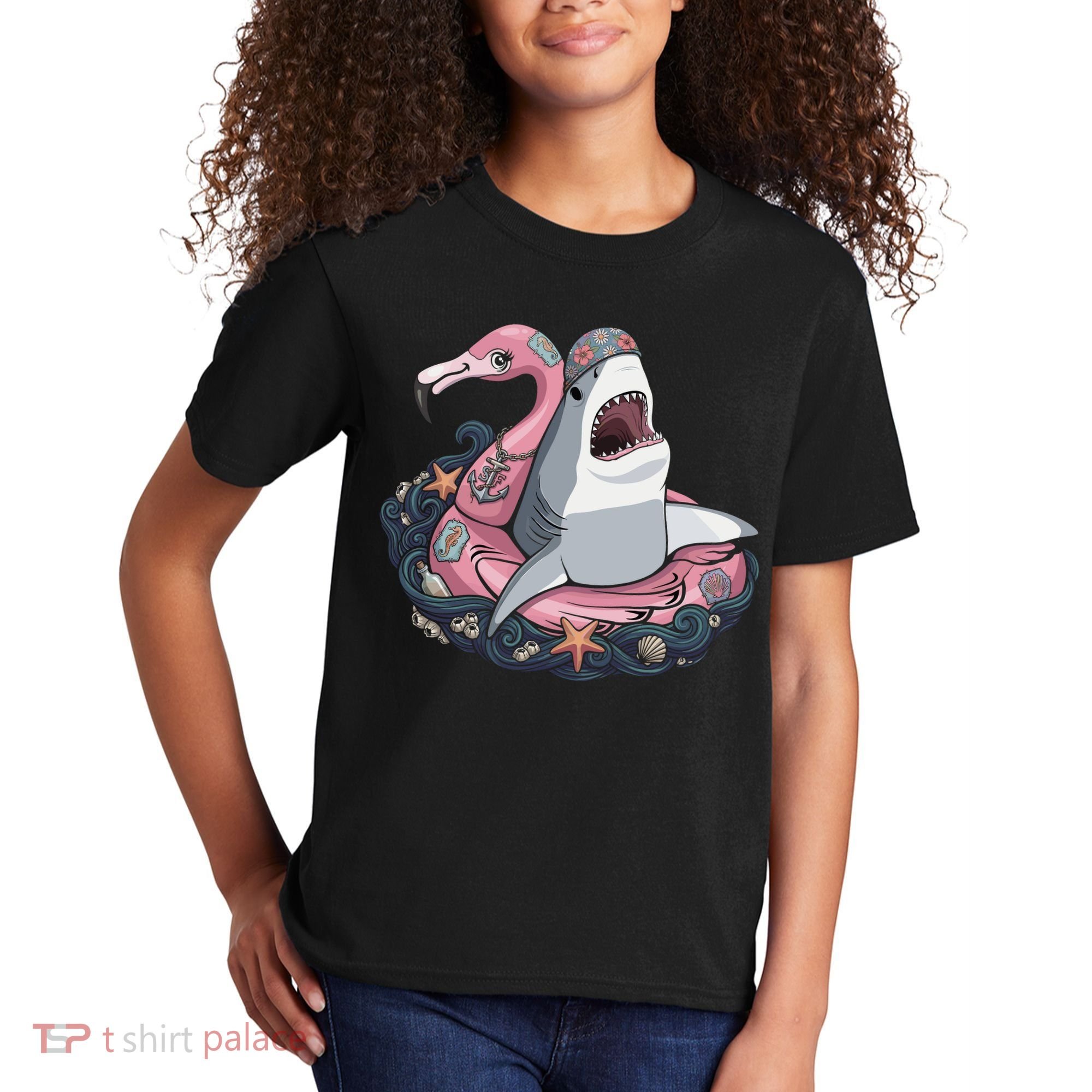 Beach Gone Wild Flamingo Shark Kids T-Shirt