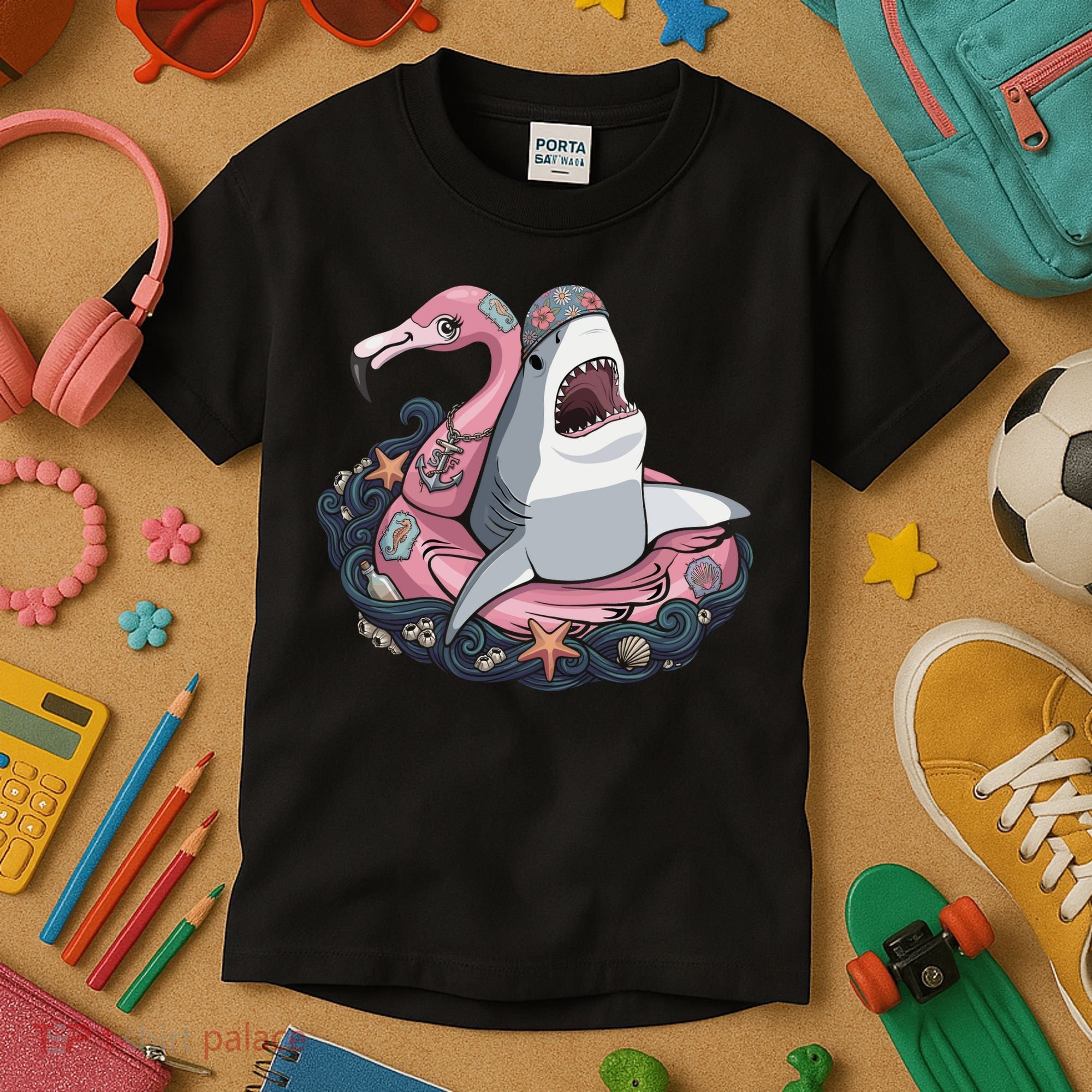 Beach Gone Wild Flamingo Shark Kids T-Shirt