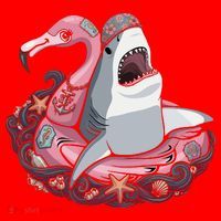 Beach Gone Wild Flamingo Shark Santa Hat thumb 1
