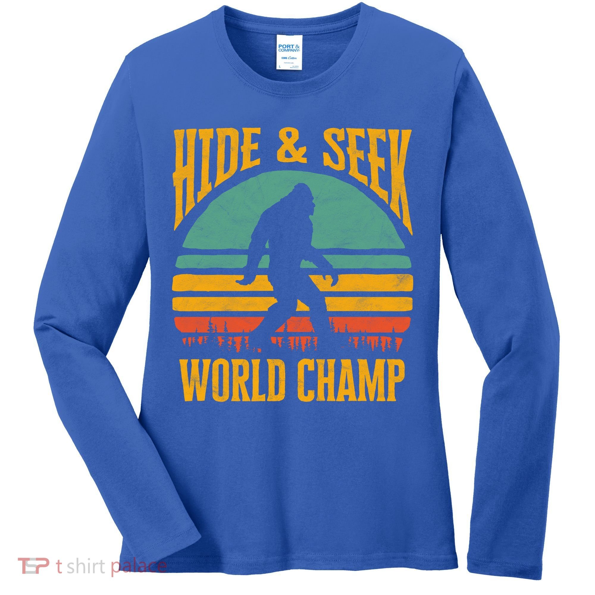 Bigfoot Hide And Seek Champ Sasquatch Retro 70s Gift Women's Long Sleeve Shirt