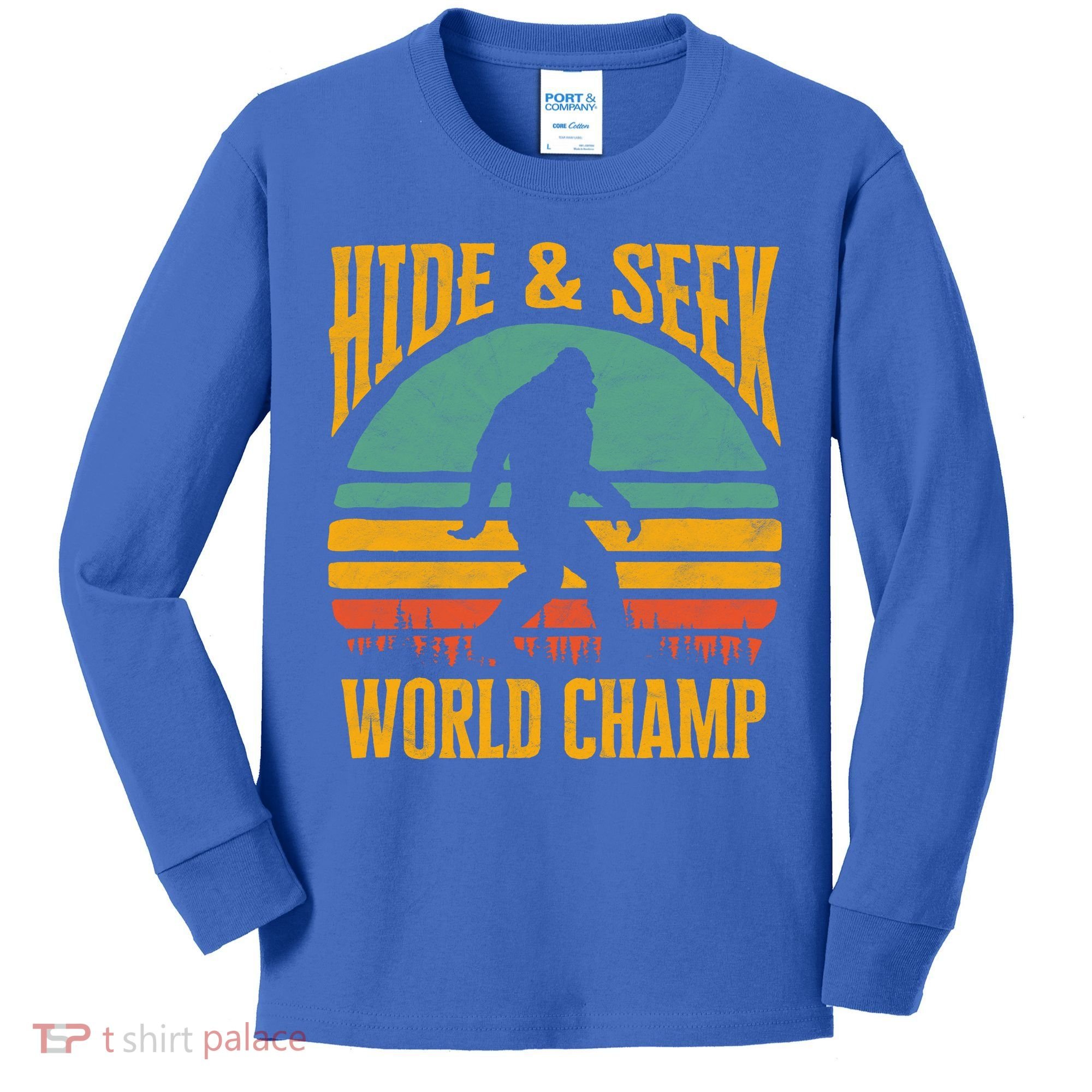 Bigfoot Hide And Seek Champ Sasquatch Retro 70s Gift Kids Long Sleeve Shirt
