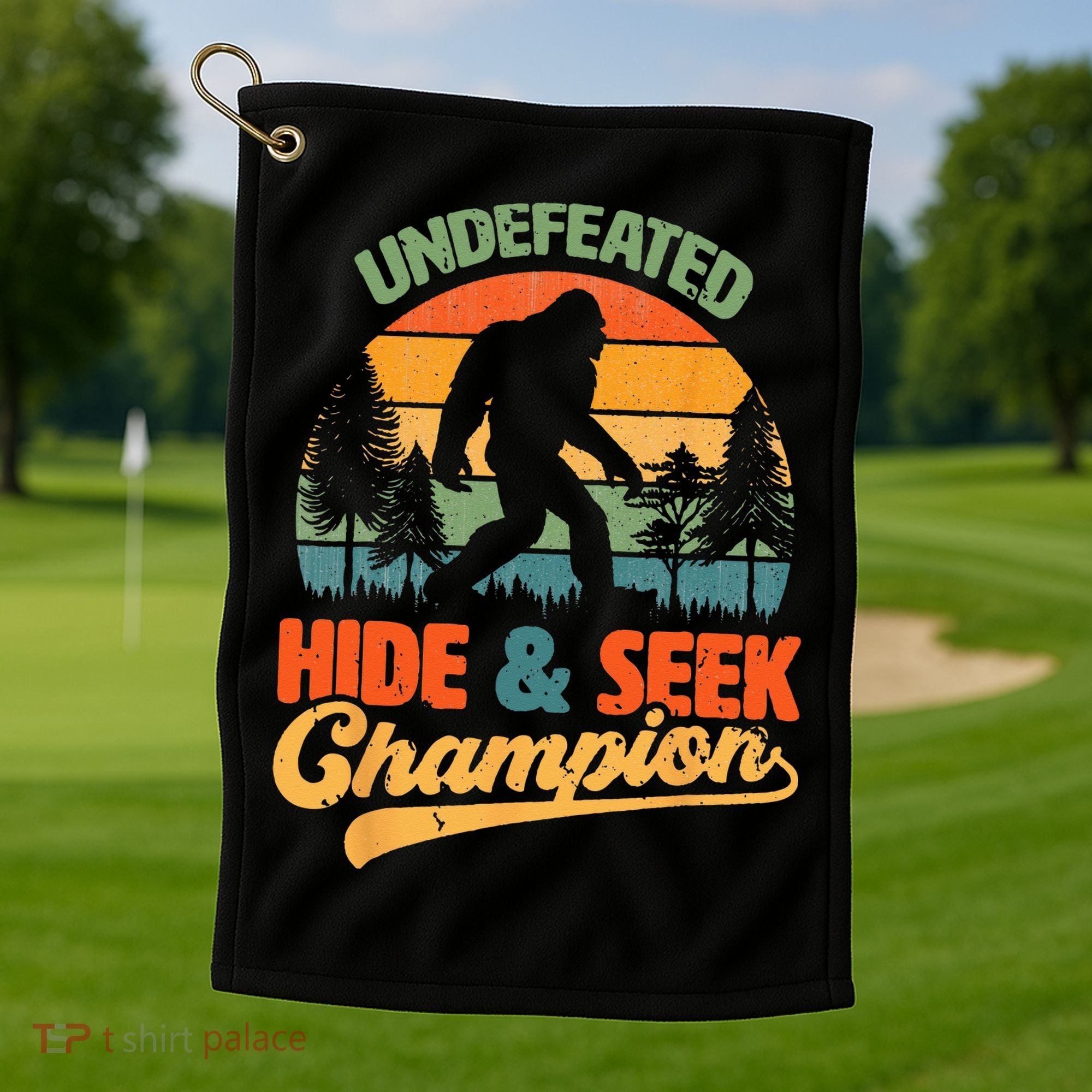 Bigfoot Hide and Seek Champ Sasquatch Hiding Champion Retro Golf Towel