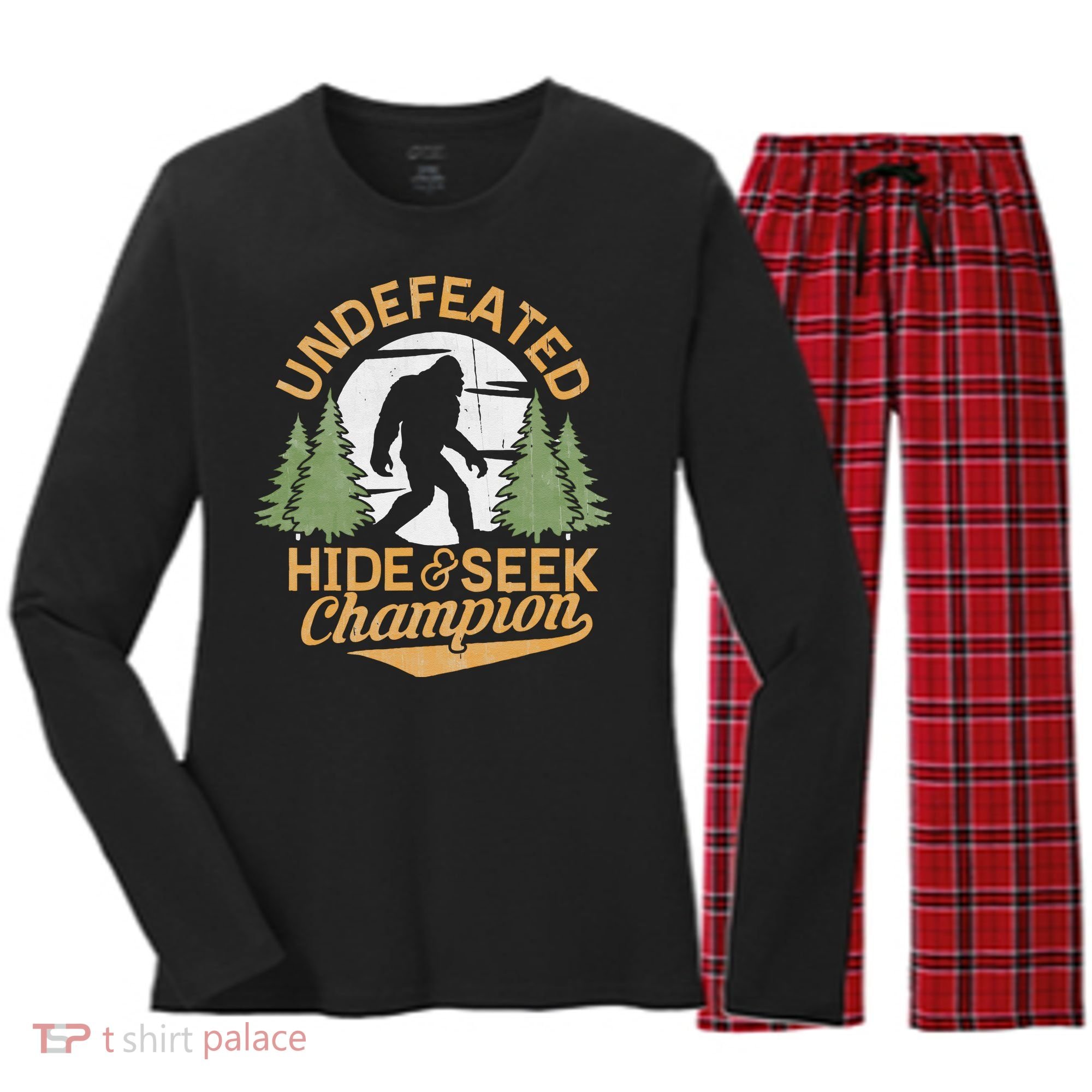 Bigfoot Hide And Seek Champion Sasquatch Stuff Women's Long Sleeve Flannel Pajama Set 