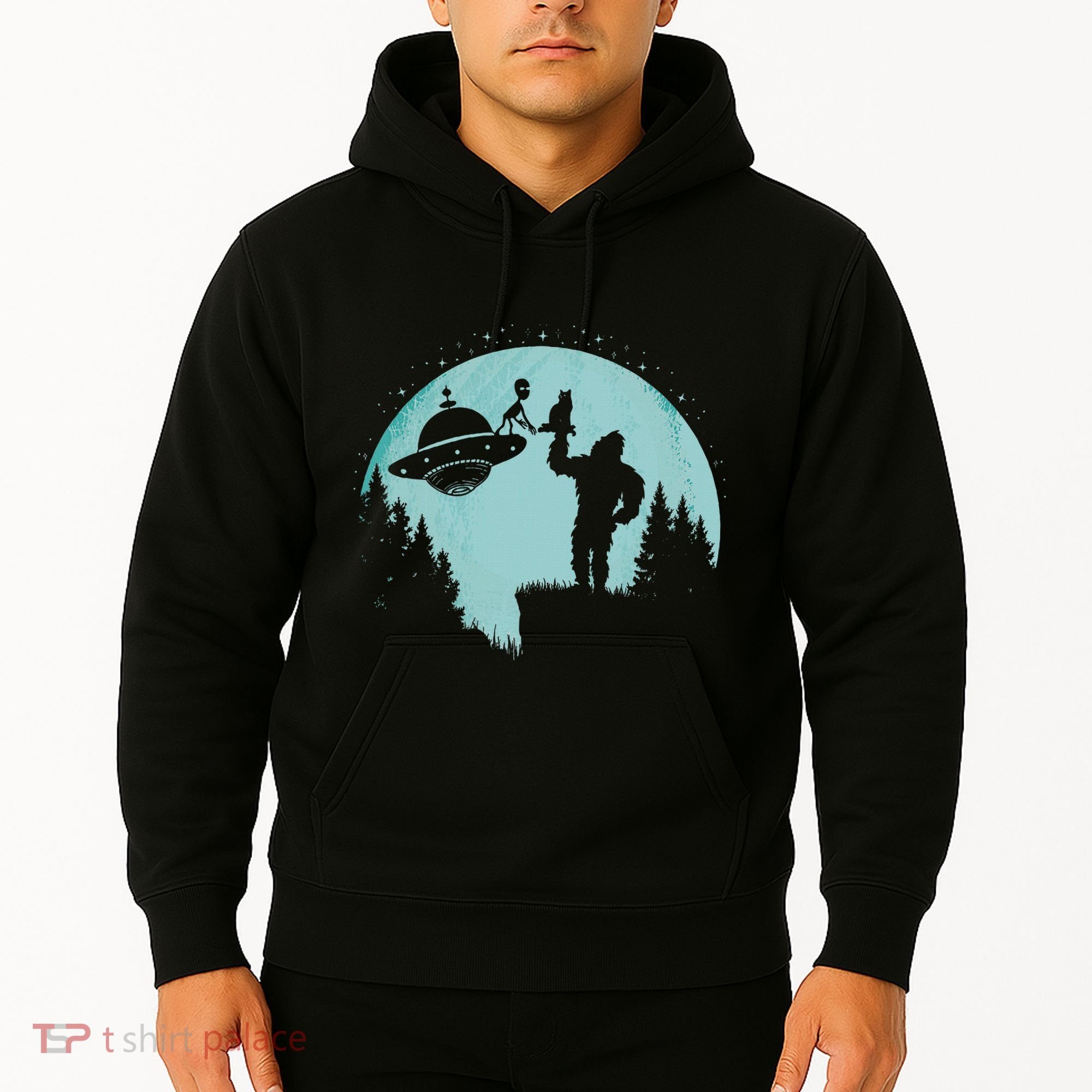 Bigfoot Holding A Cat Funny Alien Riding Ufo Sasquatch Cat Hoodie