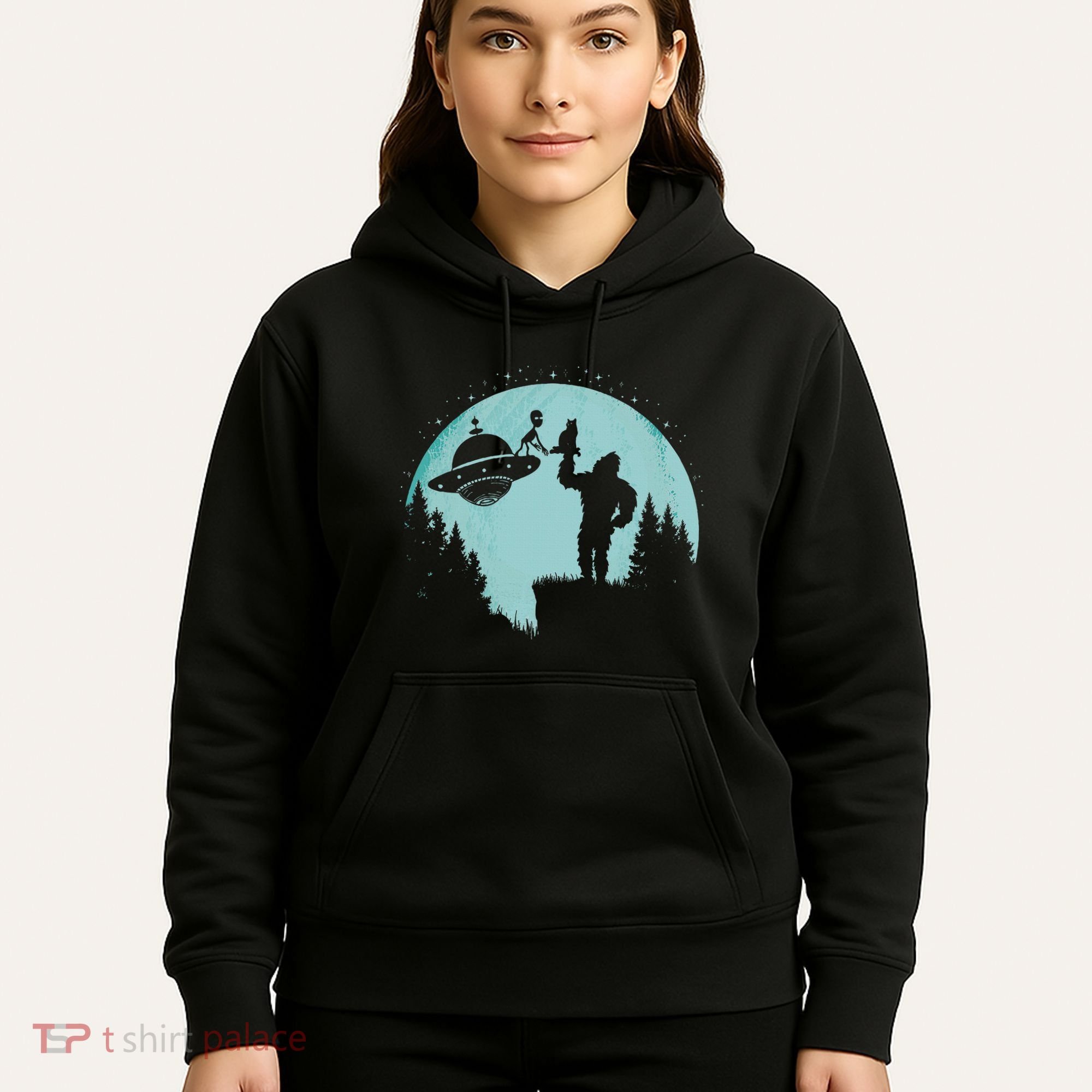 Bigfoot Holding A Cat Funny Alien Riding Ufo Sasquatch Cat Hoodie