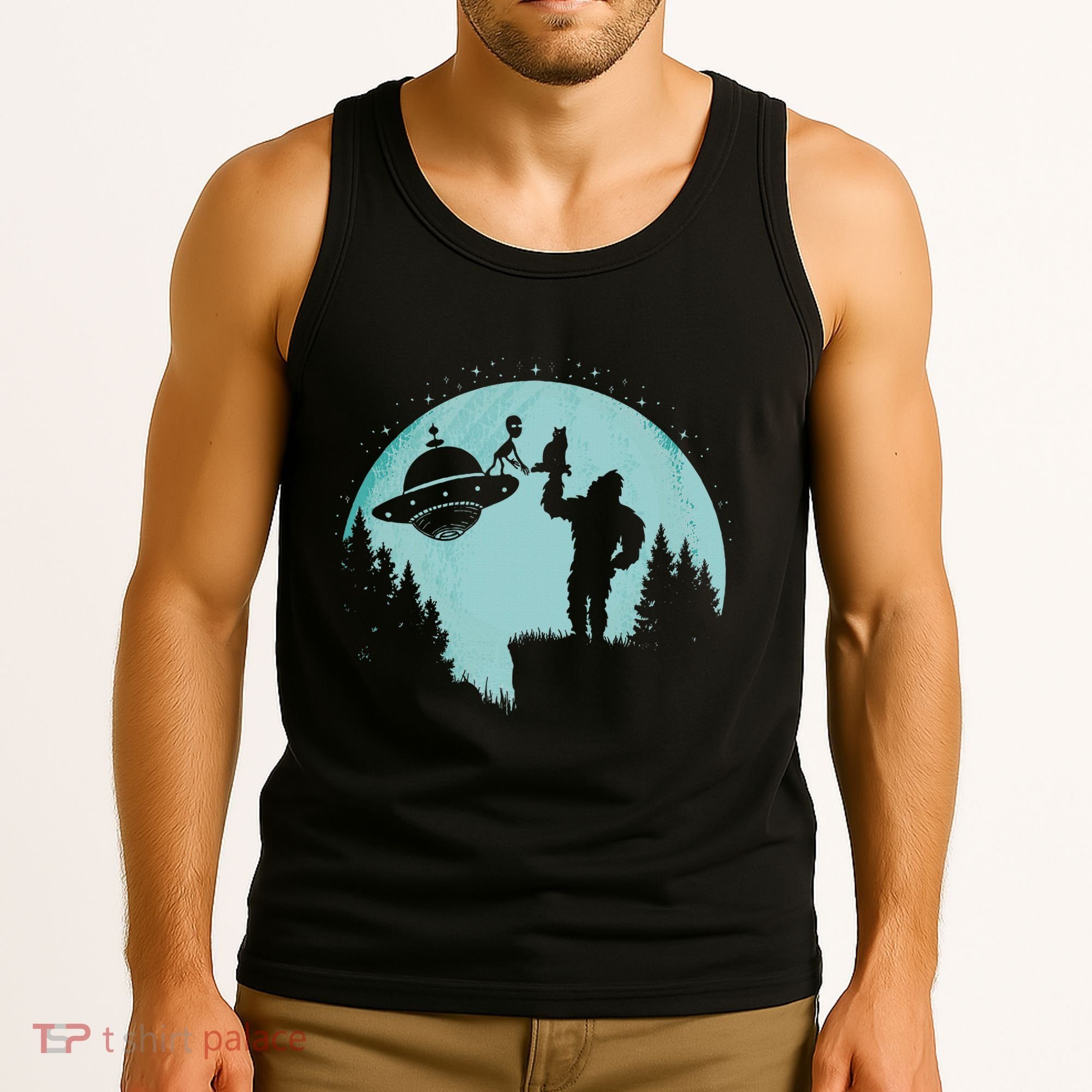 Bigfoot Holding A Cat Funny Alien Riding Ufo Sasquatch Cat Tank Top