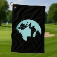 Bigfoot Holding A Cat Funny Alien Riding Ufo Sasquatch Cat Golf Towel thumb 1