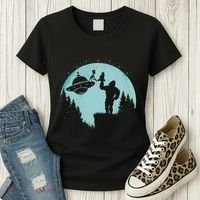 Bigfoot Holding A Cat Funny Alien Riding Ufo Sasquatch Cat Women's T-Shirt thumb 3
