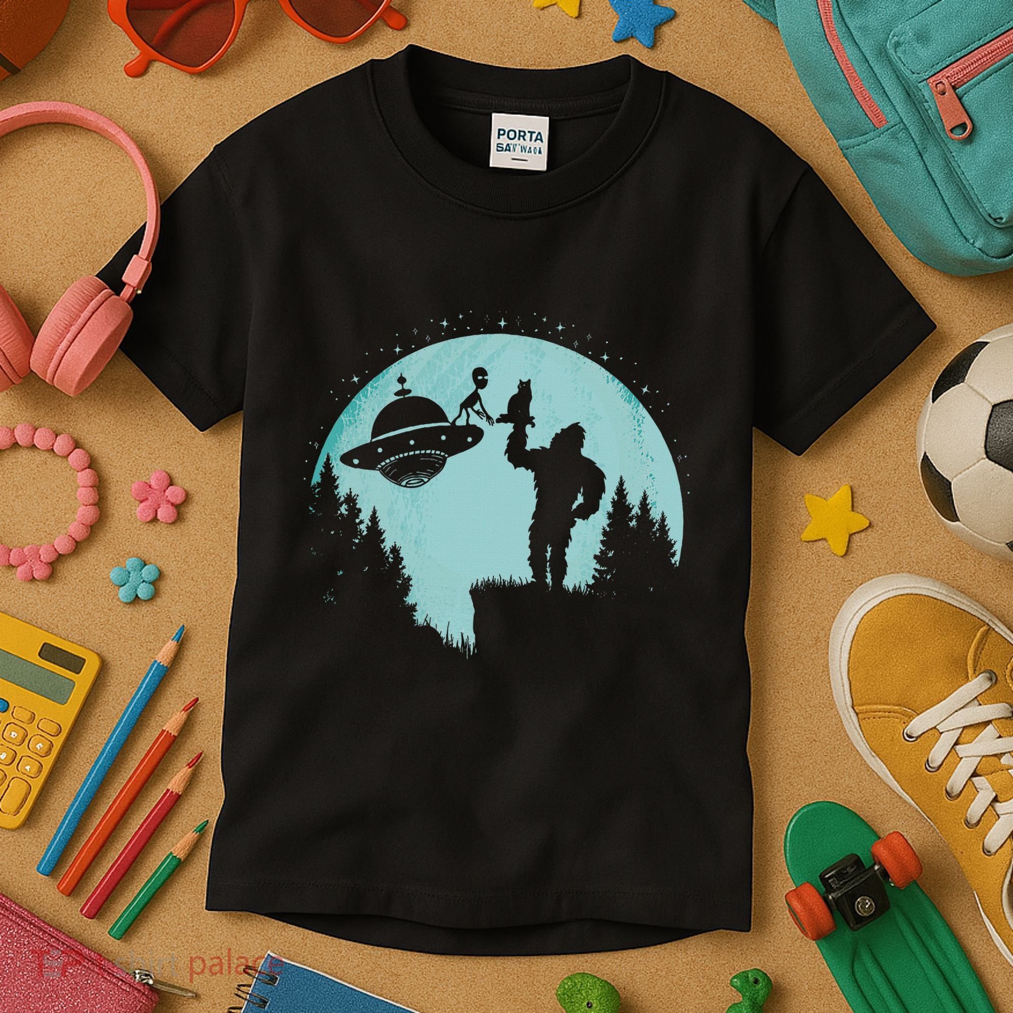 Bigfoot Holding A Cat Funny Alien Riding Ufo Sasquatch Cat Kids T-Shirt