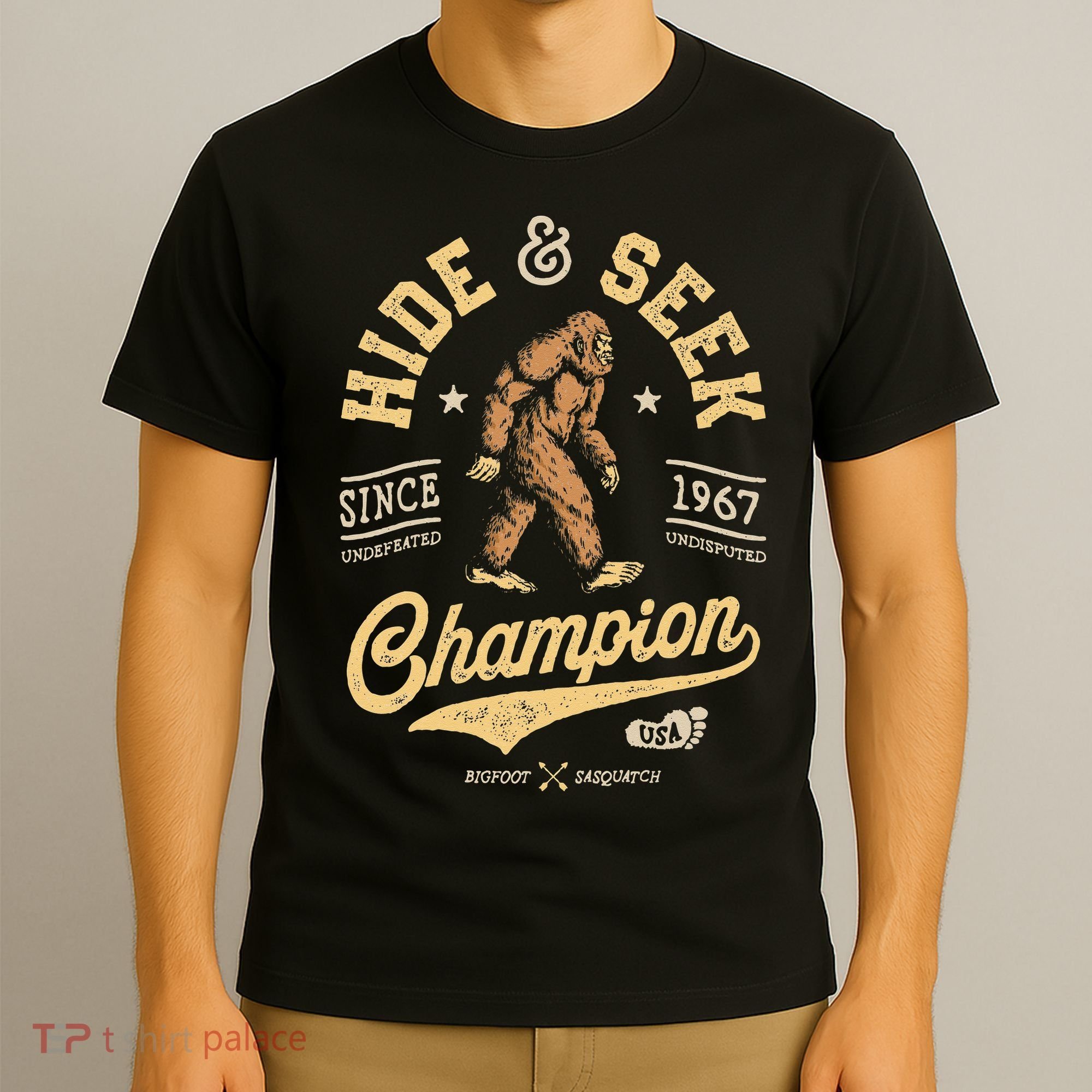 Bigfoot Hide And Seek Champion Funny Sasquatch Retro Vintage T-Shirt