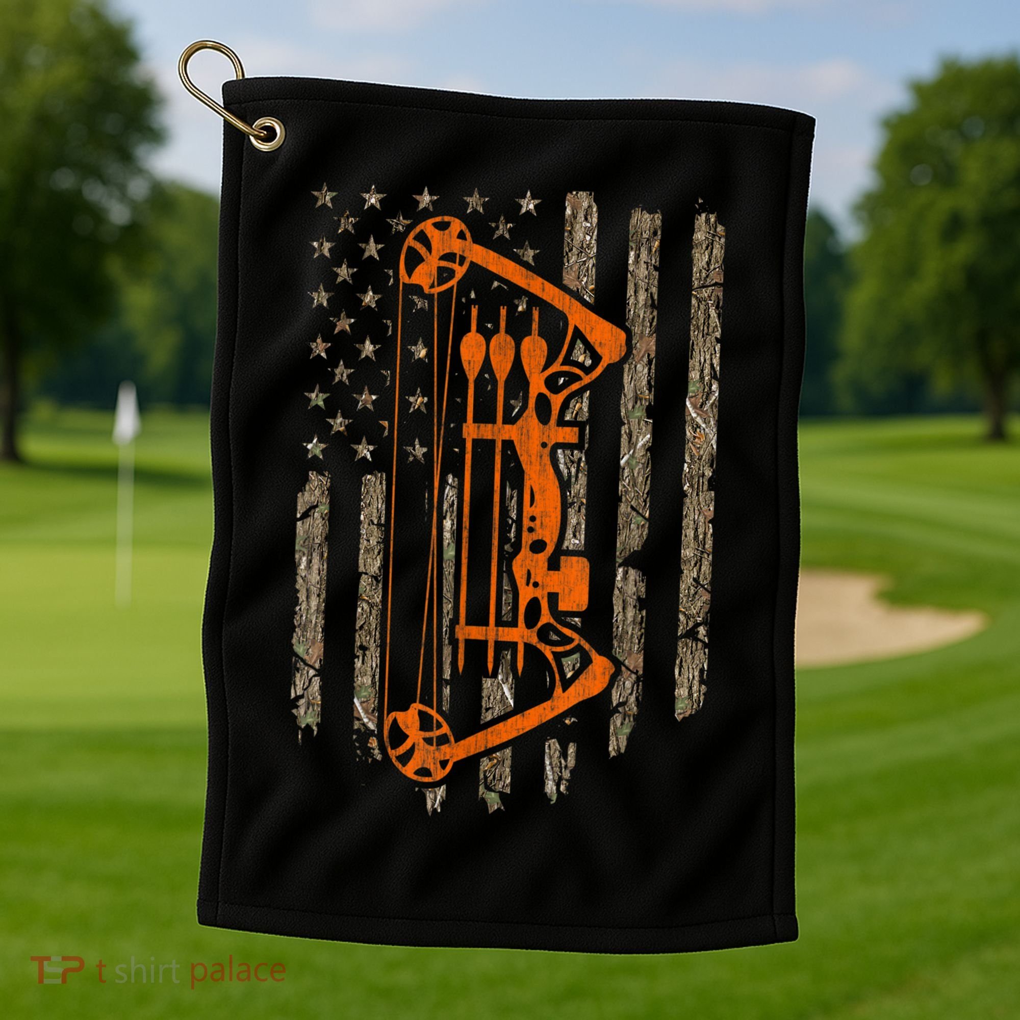 Bow Hunting American Flag Hunter Archery Tree Camouflage Golf Towel